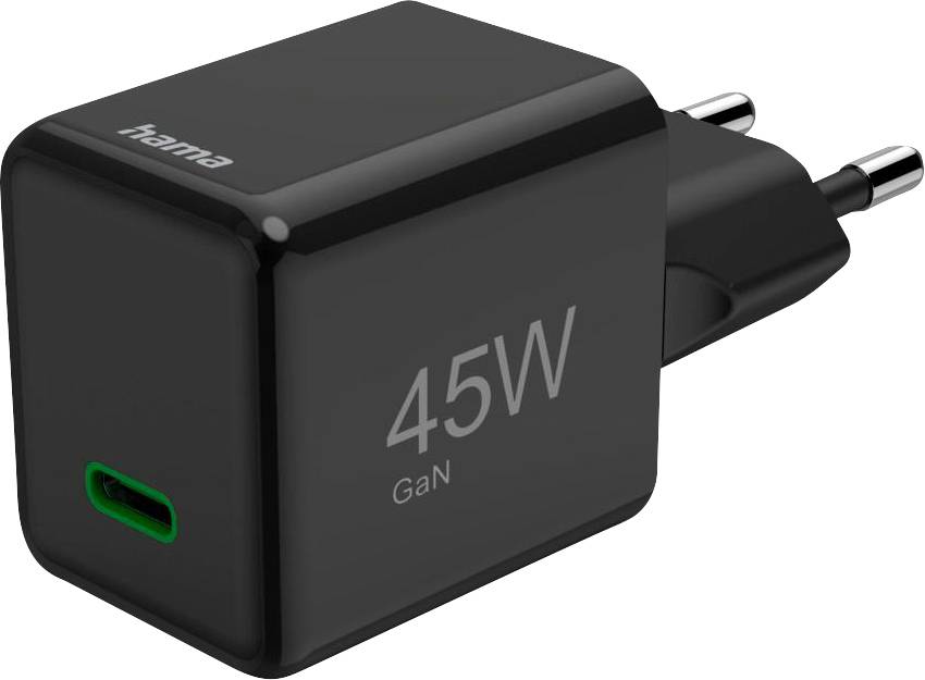 Schwarzes USB-C-Ladegerät mit der Aufschrift '45W GaN', geeignet für schnelles Laden.