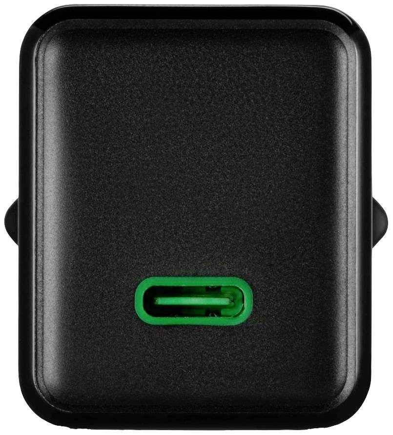 Ein schwarzes Wandladegerät mit einem USB-C-Anschluss, umgeben von einem grünen Lichtrand.