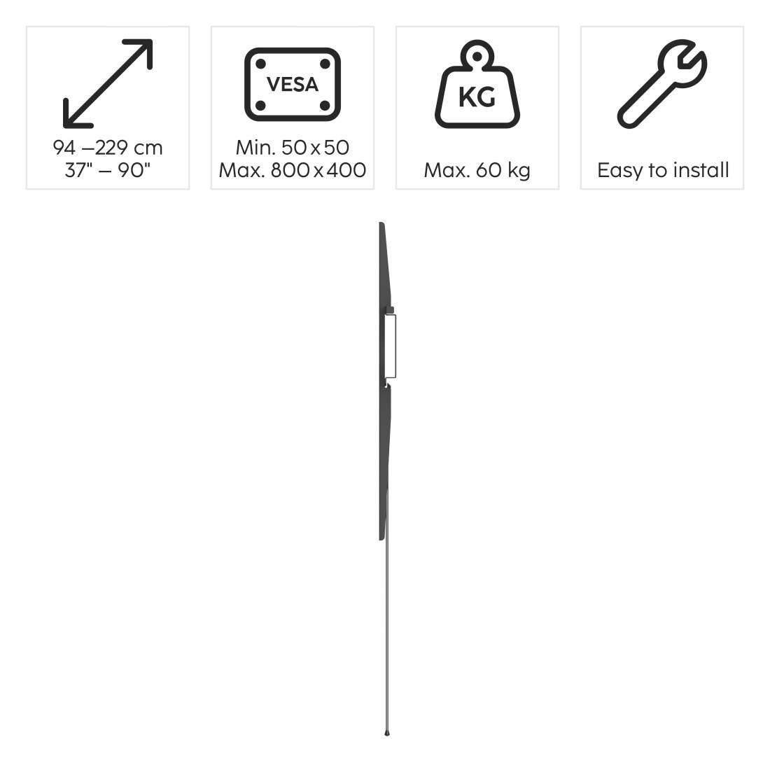 Die Grafik zeigt eine TV-Halterung. Sie ist für Bildschirme von 37'' bis 90'' geeignet, VESA-kompatibel, bis 60 kg belastbar und leicht zu montieren.
