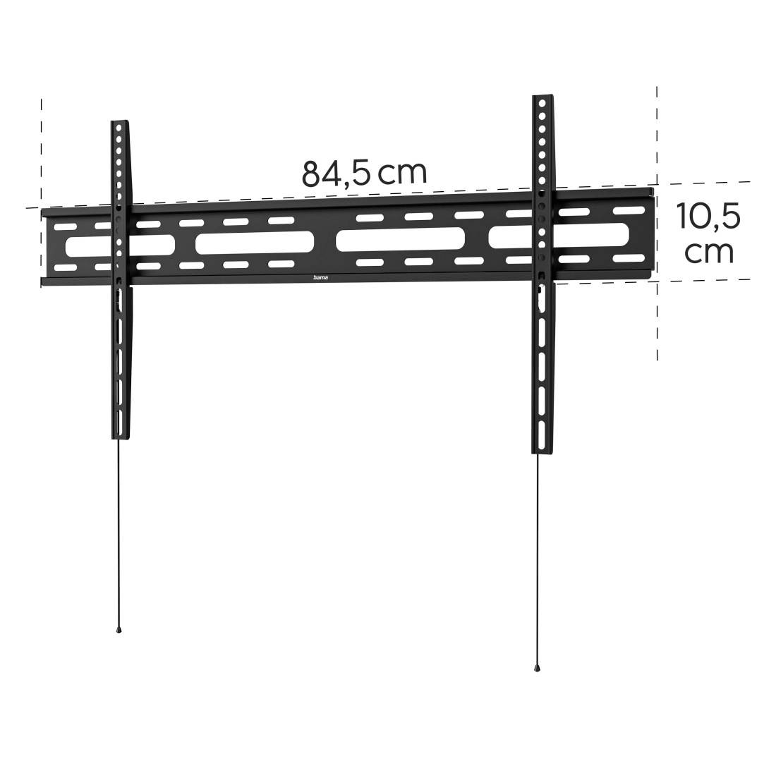TV-Wandhalterung mit schwarzer Metallkonstruktion; Breite 84,5 cm, Höhe 10,5 cm. Geeignet für flache Bildschirme.