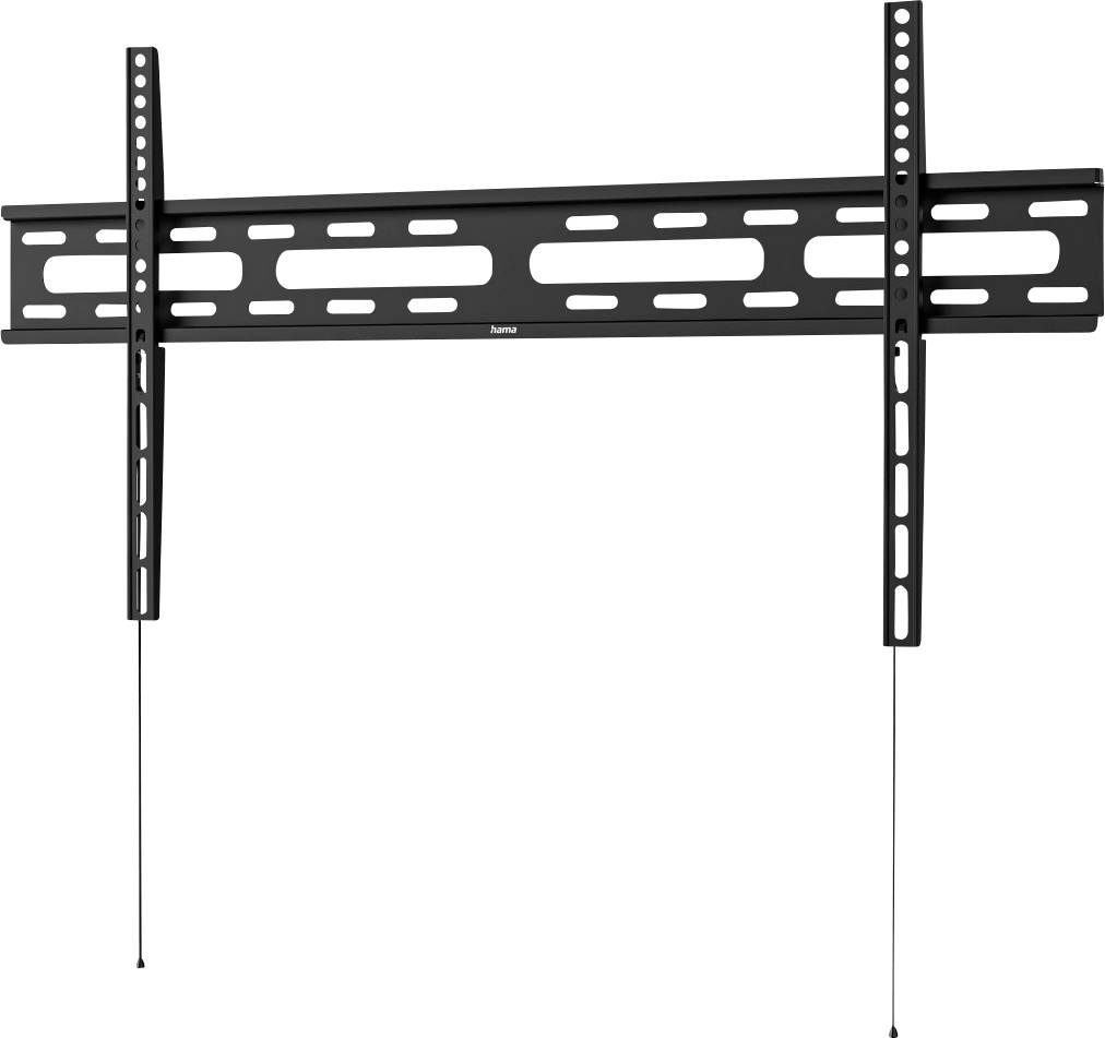 Wandhalterung für Flachbildschirme, schwarz, mit vertikalen und horizontalen Befestigungsschienen.