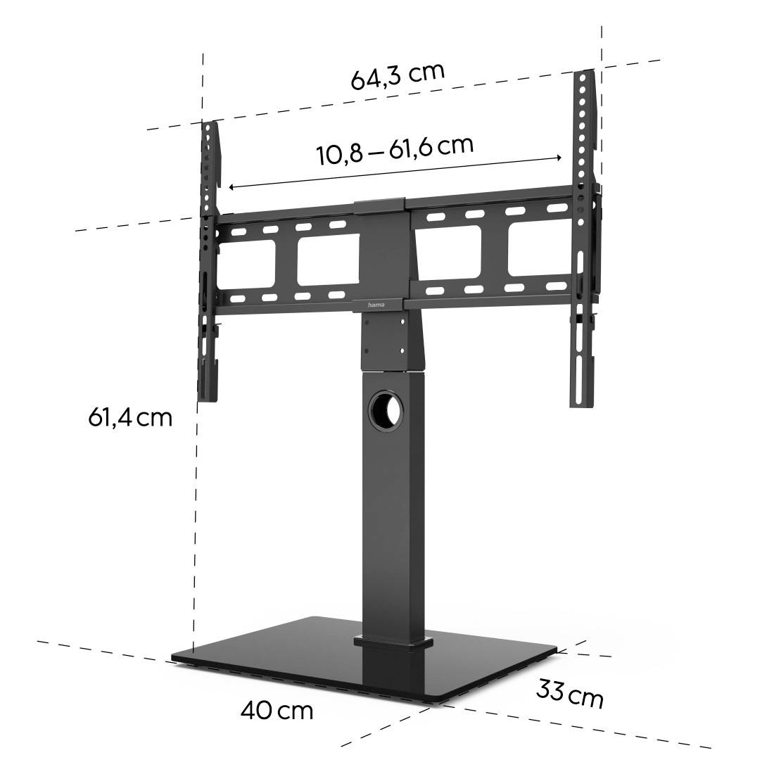 TV-Ständer mit verstellbarer Höhe, zeigt Maße: 64,3 cm Breite, 61,4 cm Höhe, Basis 40 cm Tiefe und 33 cm Breite, Halterung 10,8-61,6 cm.