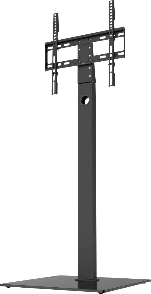 Schwarzer TV-Ständer mit flacher Basis und höhenverstellbarer Halterung, geeignet für große Bildschirme.
