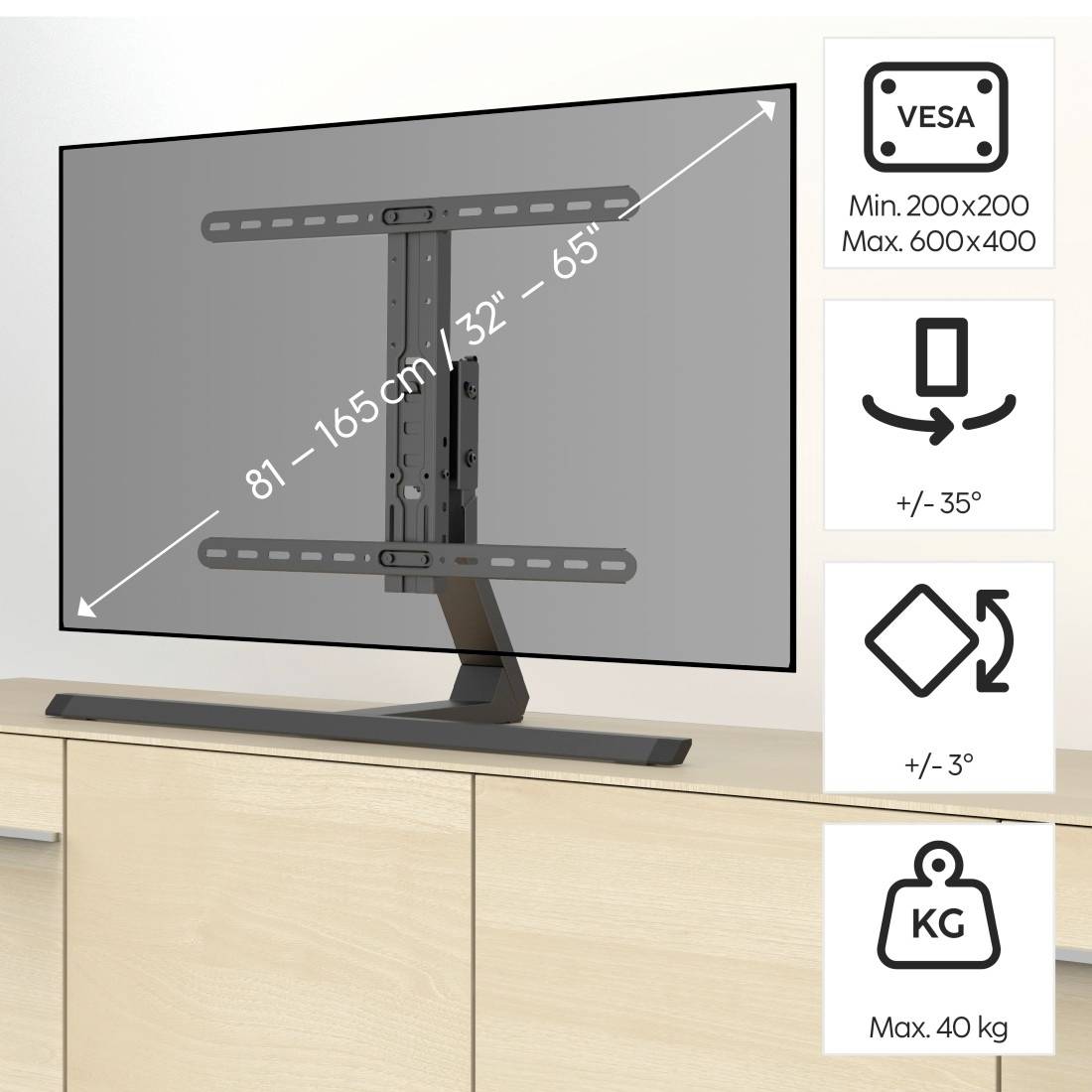 Diese Abbildung zeigt eine verstellbare TV-Wandhalterung für Bildschirmgrößen von 32 bis 65 Zoll mit einem Maximalgewicht von 40 kg.