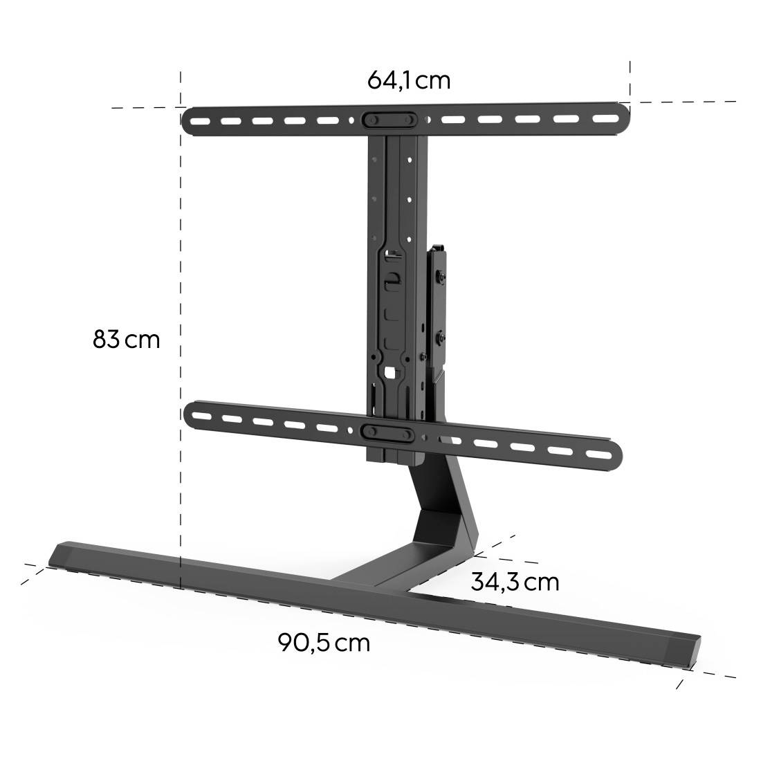 TV-Ständer mit verstellbarer Höhe, 83 cm hoch. Horizontale Halterung 64,1 cm breit, Basis 90,5 cm lang, 34,3 cm tief.
