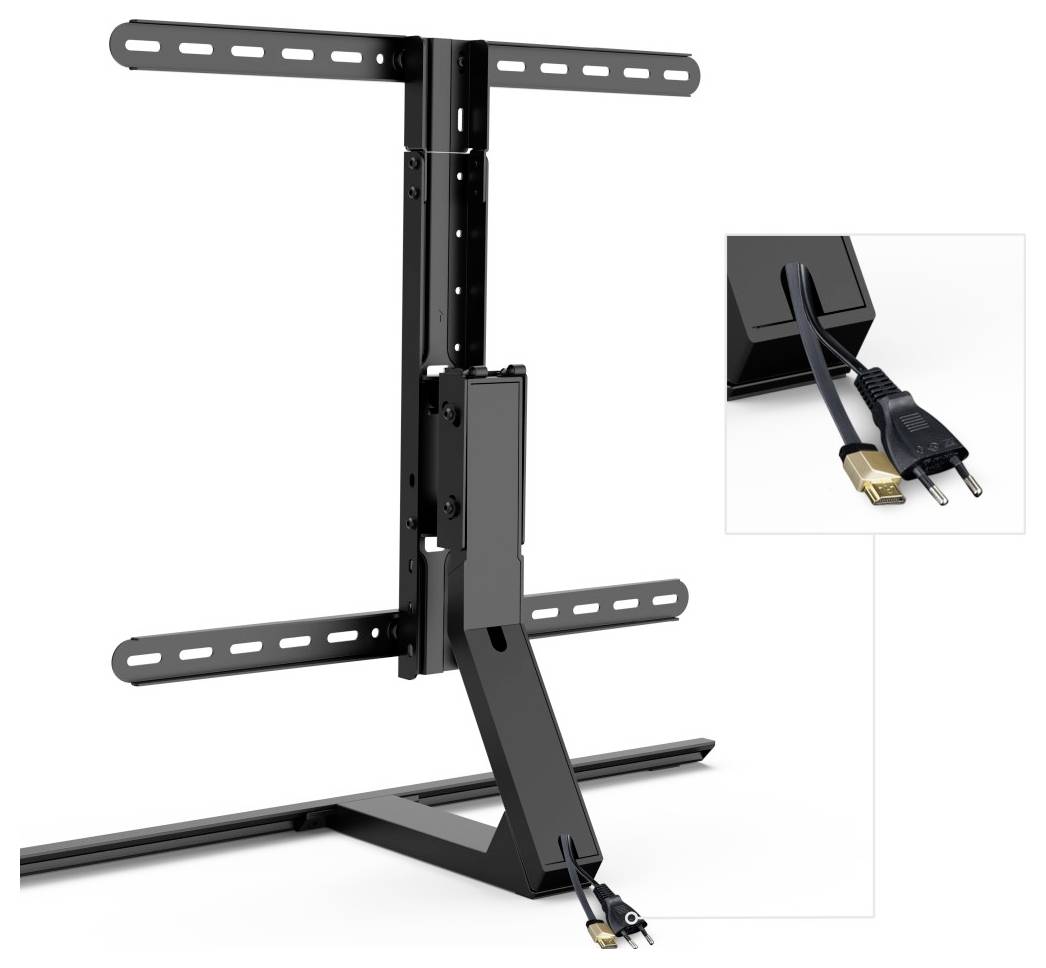 TV-Standhalterung mit Schwenkfunktion aus Metall, geeignet für Flachbildfernseher. Inset zeigt Anschlusskabel mit HDMI und Netzstecker.