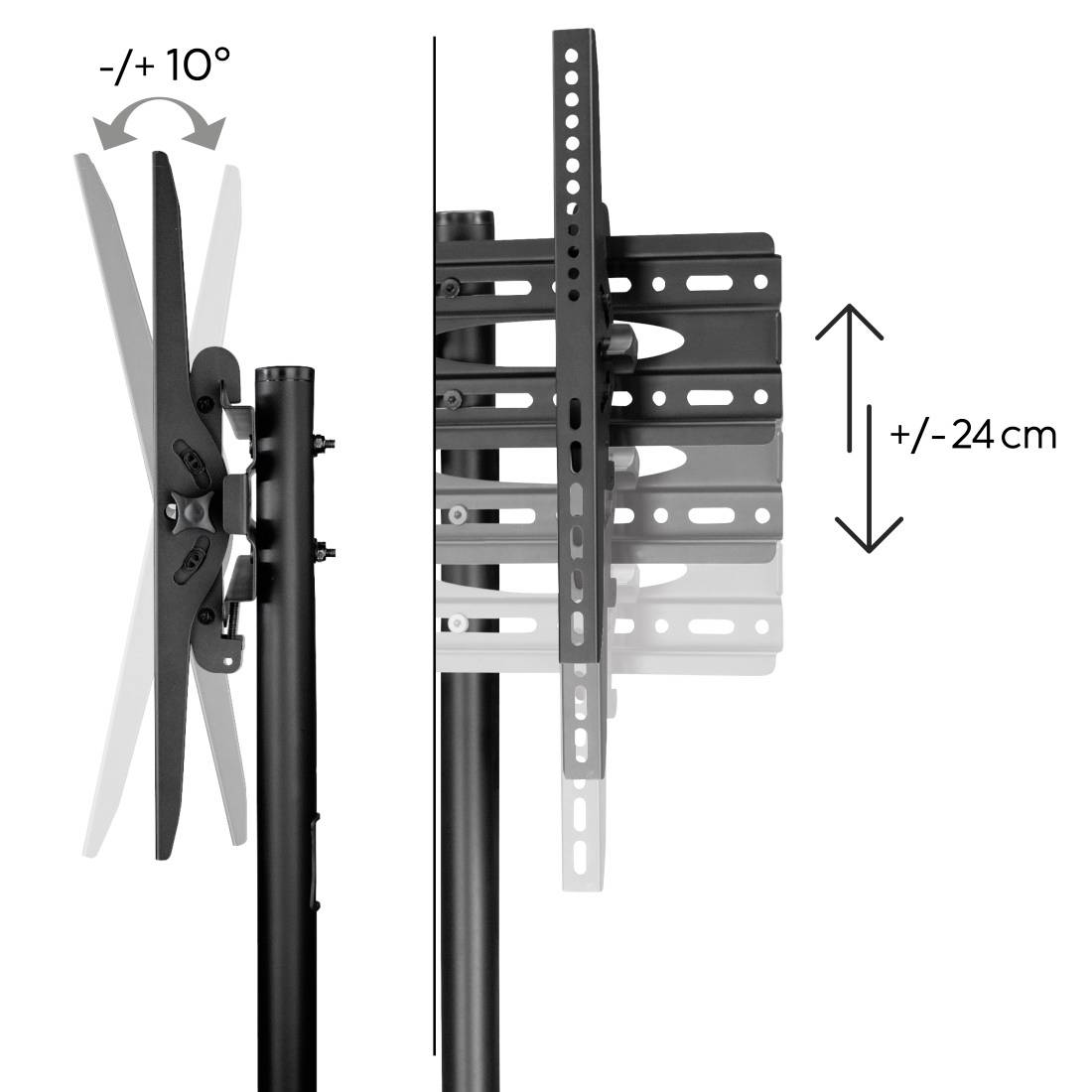 'Tischhalterung für Flachbildschirm' zeigt seitliche Neigung um +/-10° und Höhenverstellung um +/-24 cm mithilfe eines Ständers.
