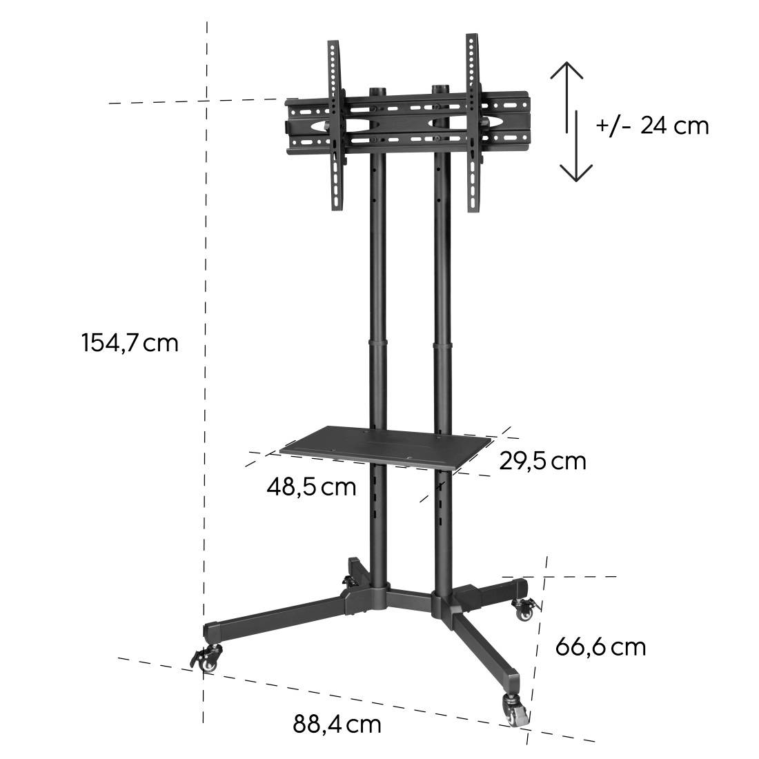 TV-Wagen mit verstellbarer Halterung, Maßen: Höhe 154,7 cm, Breite 88,4 cm, Tiefe 66,6 cm. Regal 48,5 x 29,5 cm. Höhenverstellung +/- 24 cm.