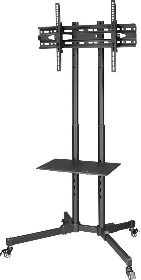 Rollbarer schwarzer TV-Ständer mit höhenverstellbarer Halterung und mittlerem Ablagefach, auf vier Rädern.