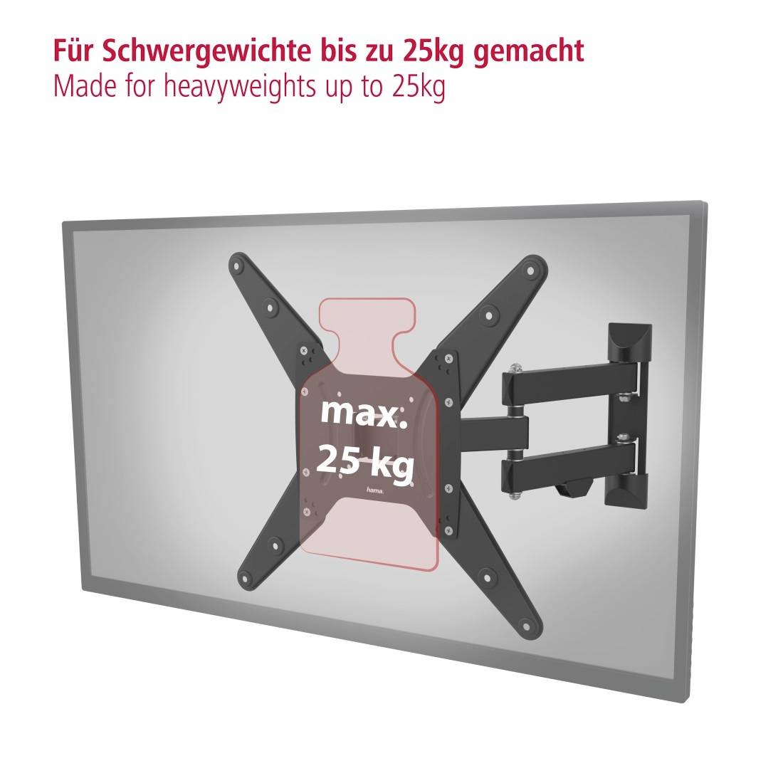 TV-Halterung mit beweglicher Armen, geeignet für Geräte bis 25 kg.