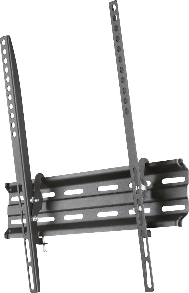 Schwarze TV-Wandhalterung aus Metall mit verstellbaren Armen und Löchern für Schrauben zur Befestigung eines Fernsehers an der Wand.