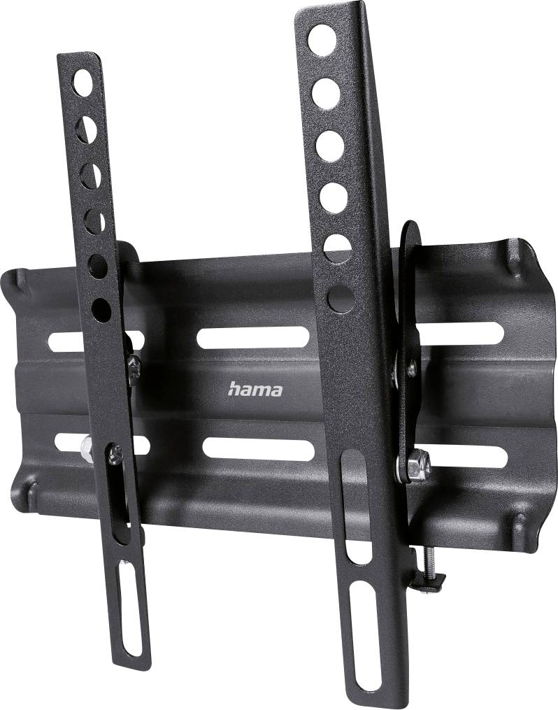 Ein schwarzer Wandhalterung für Fernseher aus Metall mit verstellbaren Armen und mehreren Lochreihen zur Befestigung.