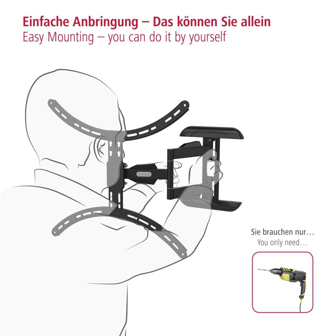 Person montiert eine TV-Halterung an der Wand. Begleittext: 'Einfache Anbringung – Das können Sie allein'. Bohrmaschine abgebildet.
