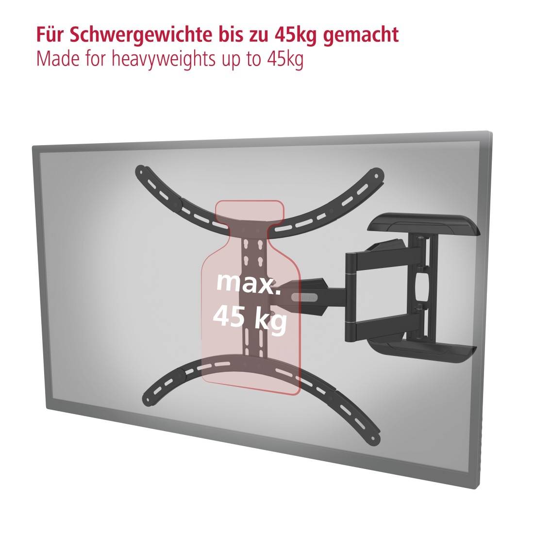 Illustration einer TV-Wandhalterung, die Fernseher bis zu 45 kg trägt, mit Text: 'Für Schwergewichte bis zu 45 kg gemacht'.