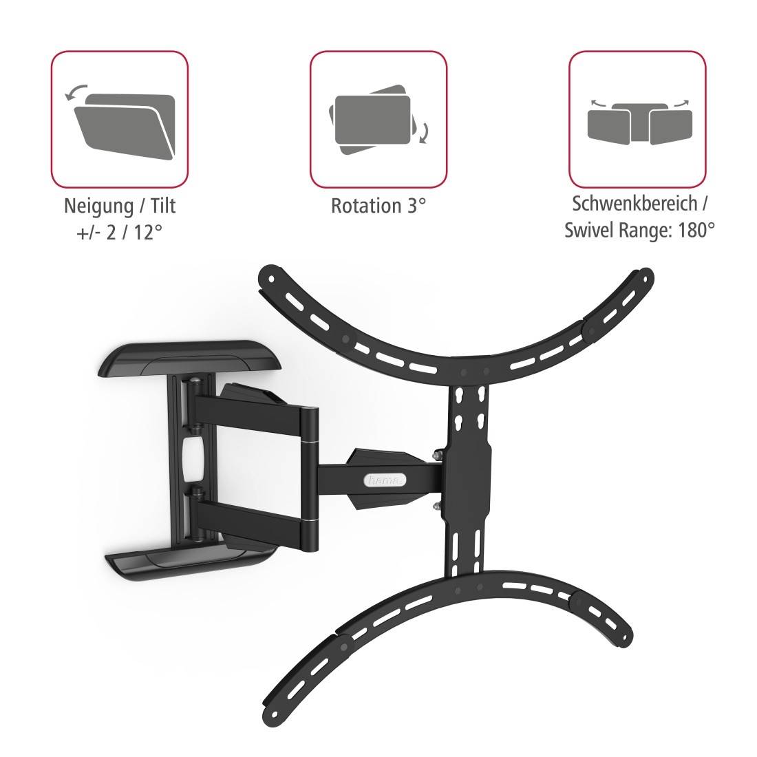 Wandhalterung für TVs mit Neigungsbereich von -2 bis 12 Grad, Rotationsbereich von 3 Grad und Schwenkbereich bis 180 Grad.