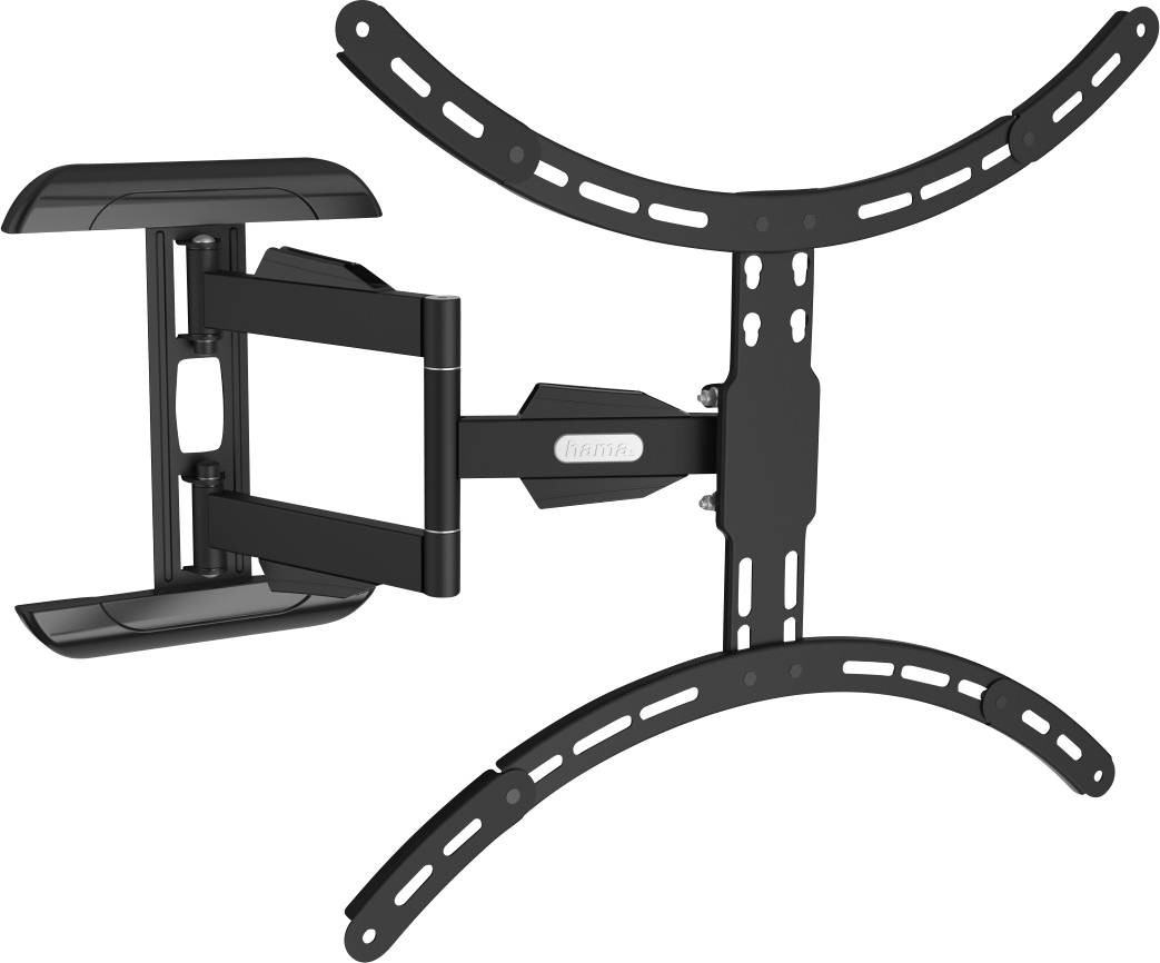 Ein verstellbarer TV-Wandhalterung aus schwarzem Metall mit gebogenen Armen und einem schwenkbaren Arm für flexible Fernseherpositionierung.