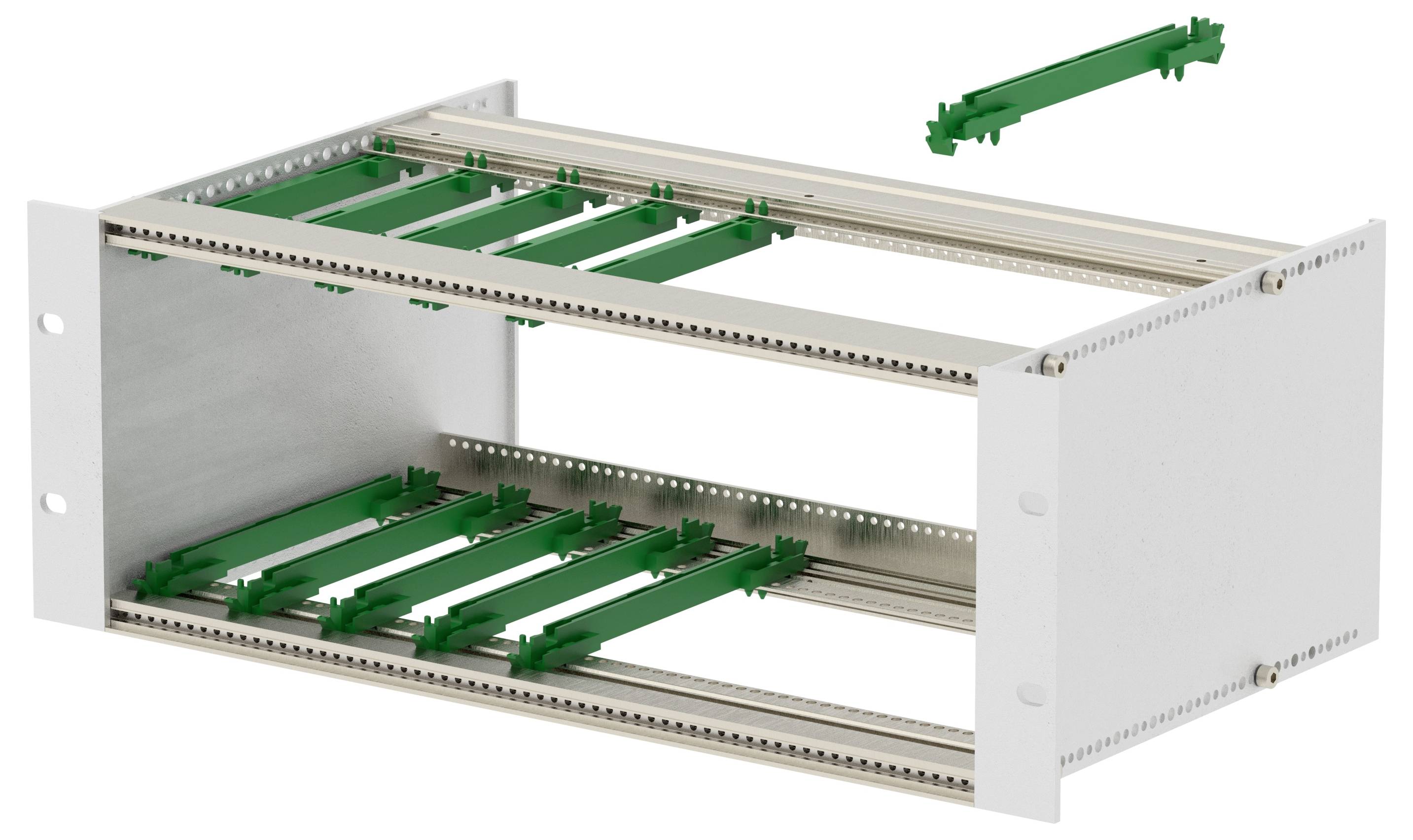 Aluminium-Subrack mit grünen Kartenführungen, konzipiert für den Einbau von elektronischen Komponenten in einem 19-Zoll-Rackystem.