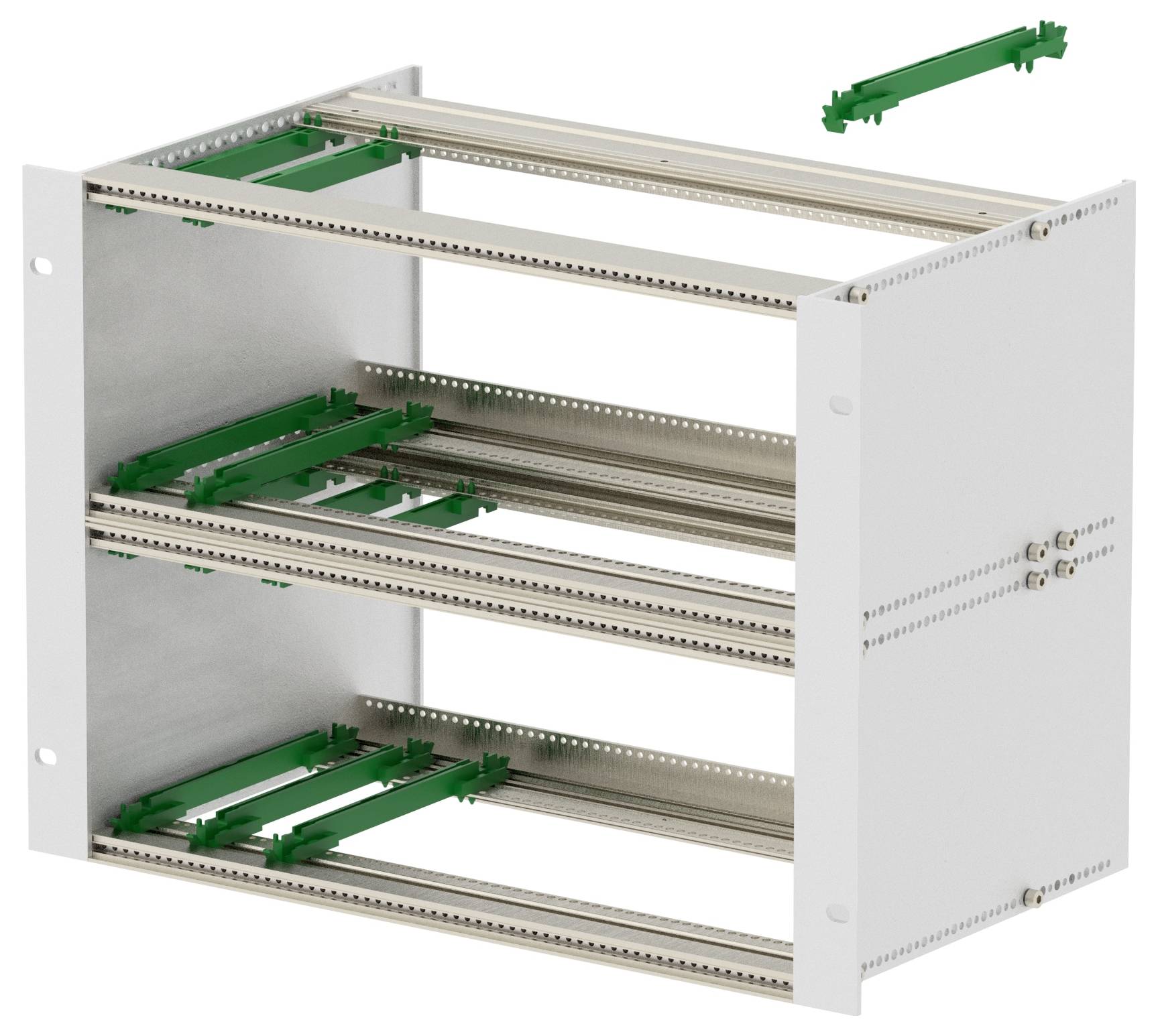Ein leerer, dreistöckiger elektronischer Schrank mit grünen Montageklammern im Inneren, bereit für die Installation von elektrischen Komponenten.