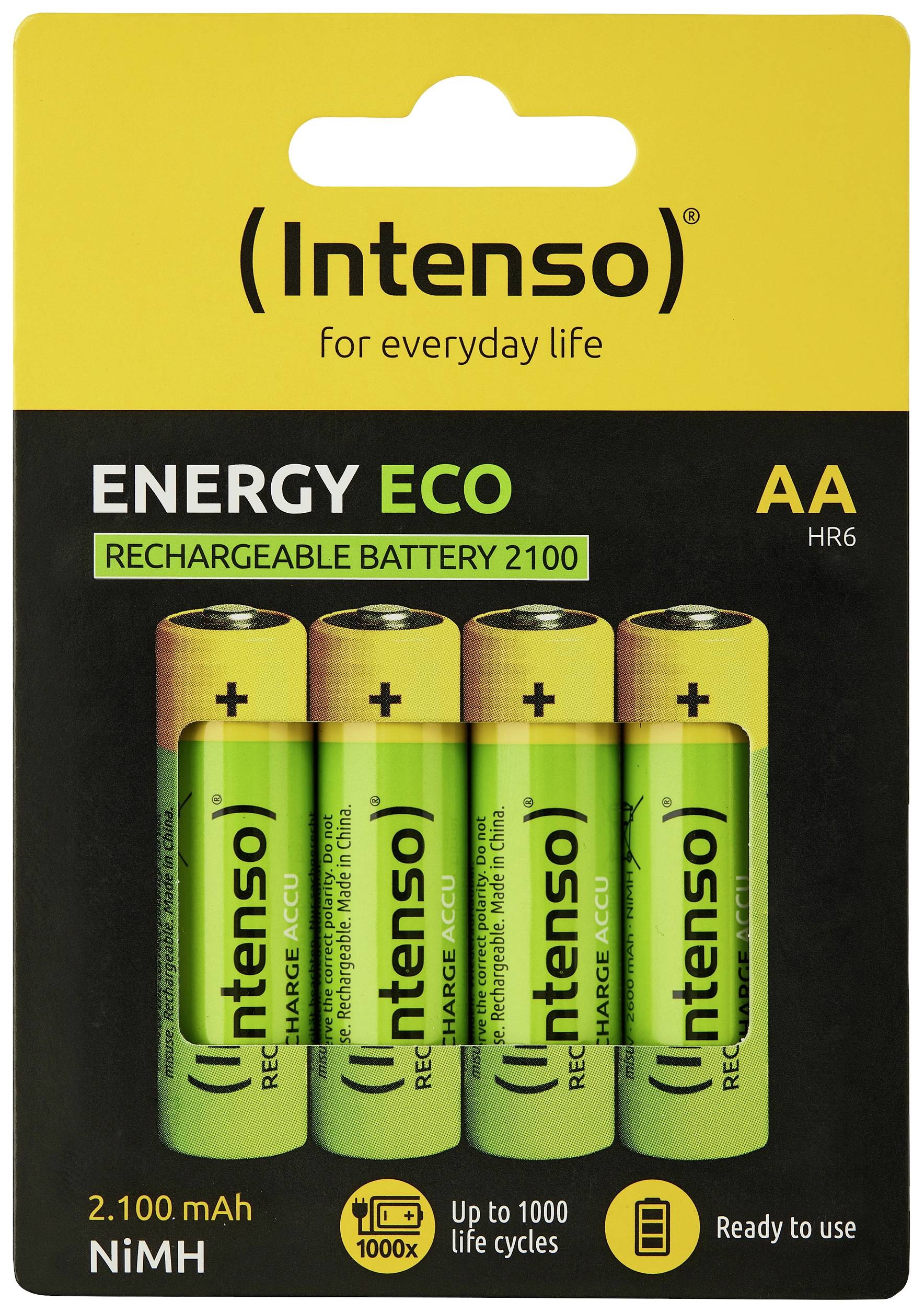 Vier grüne Intenso AA-Batterien auf schwarzem Hintergrund, beschriftet mit 'ENERGY ECO'. Wiederaufladbar, 2100 mAh, bis zu 1000 Ladezyklen.