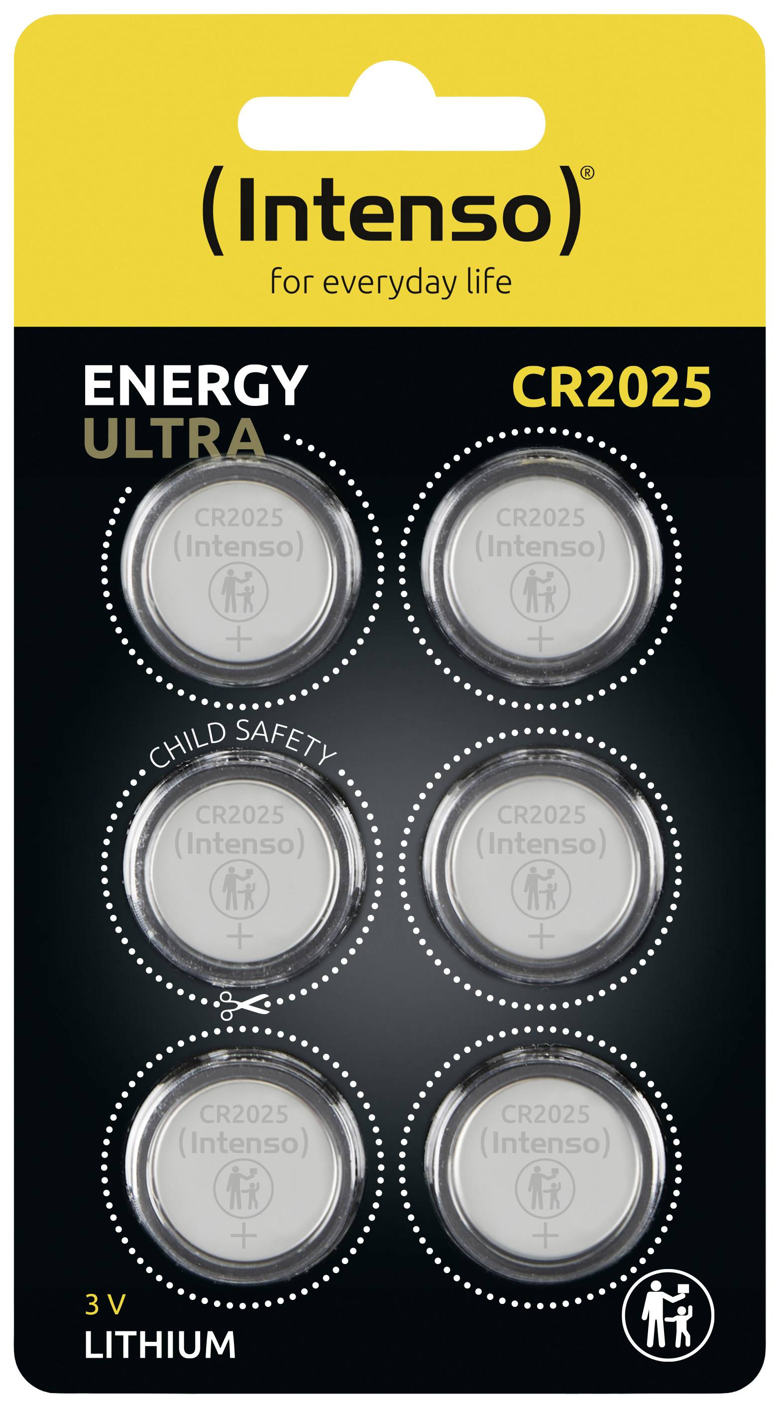 Intenso CR2025 Lithium-Knopfzellen Batteriepackung mit sechs Batterien, 3V, kindersicher.