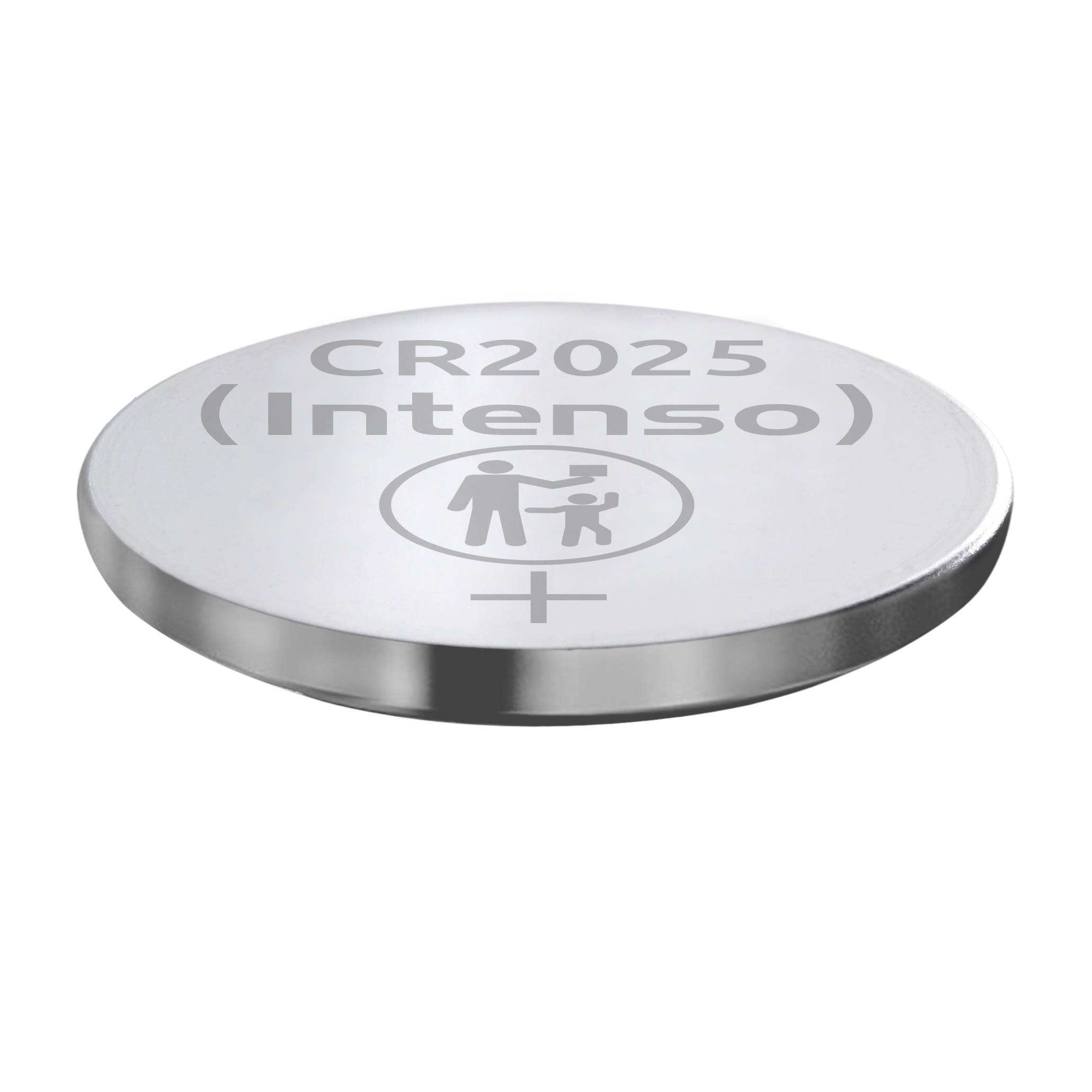 Eine runde Knopfzellenbatterie mit der Aufschrift 'CR2025 Intenso' und einem Warnsymbol für Kinder.