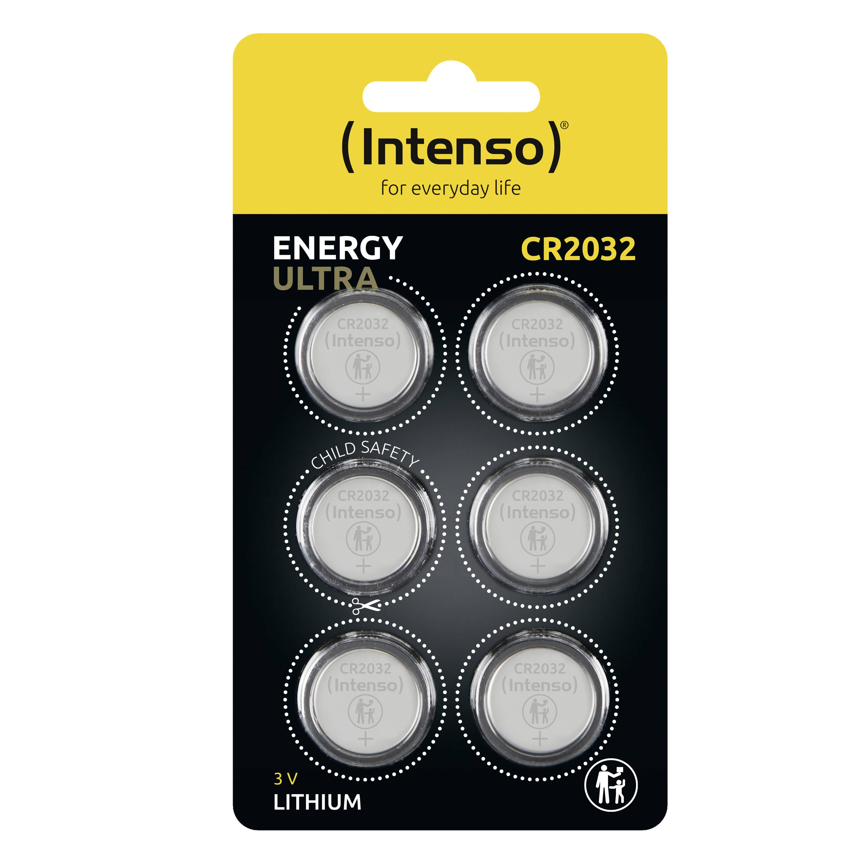 Sechs Intenso CR2032 Lithium-Knopfzellen in einer gelben Verpackung, betitelt 'Energy Ultra'. Text: 'Child Safety', 3V.