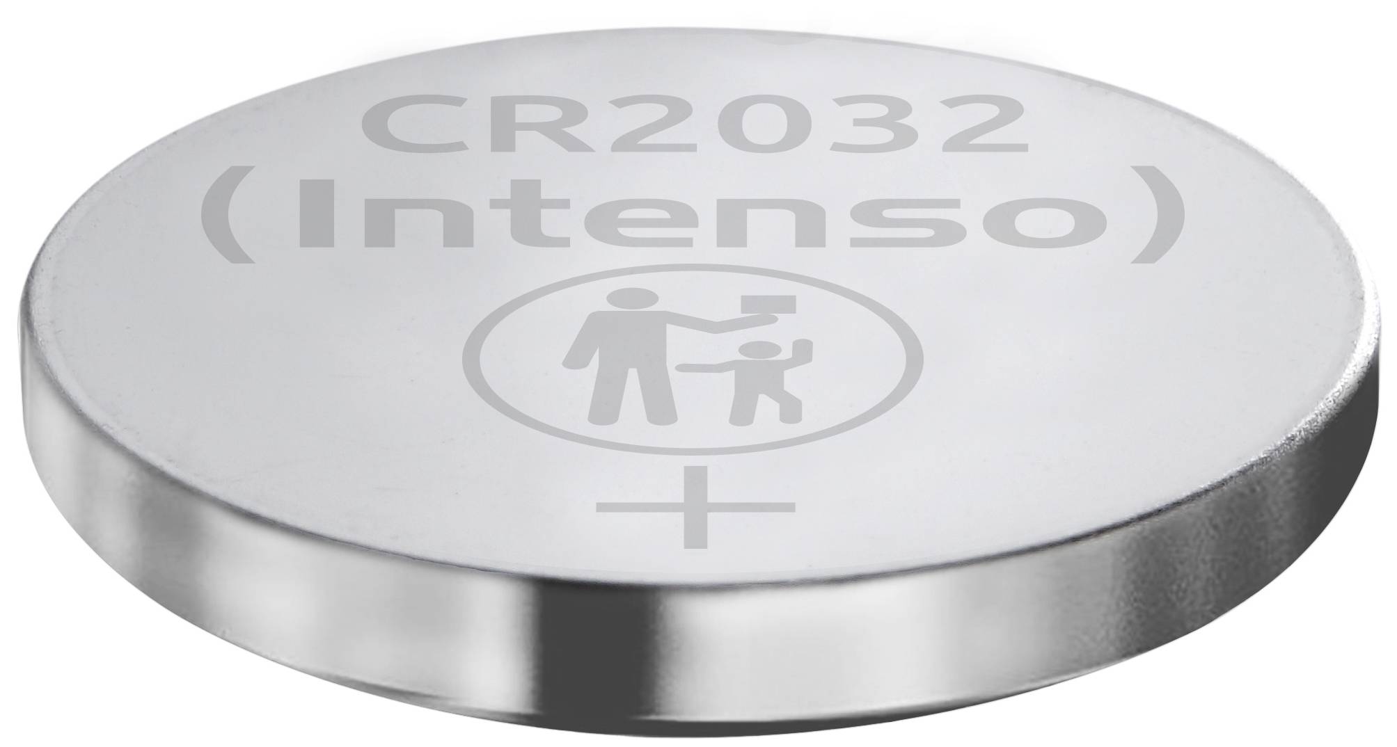 Leere Batteriezelle mit Aufschrift 'CR2032 Intenso'. Piktogramm: Erwachsene Person übergibt Batterie an ein Kind.