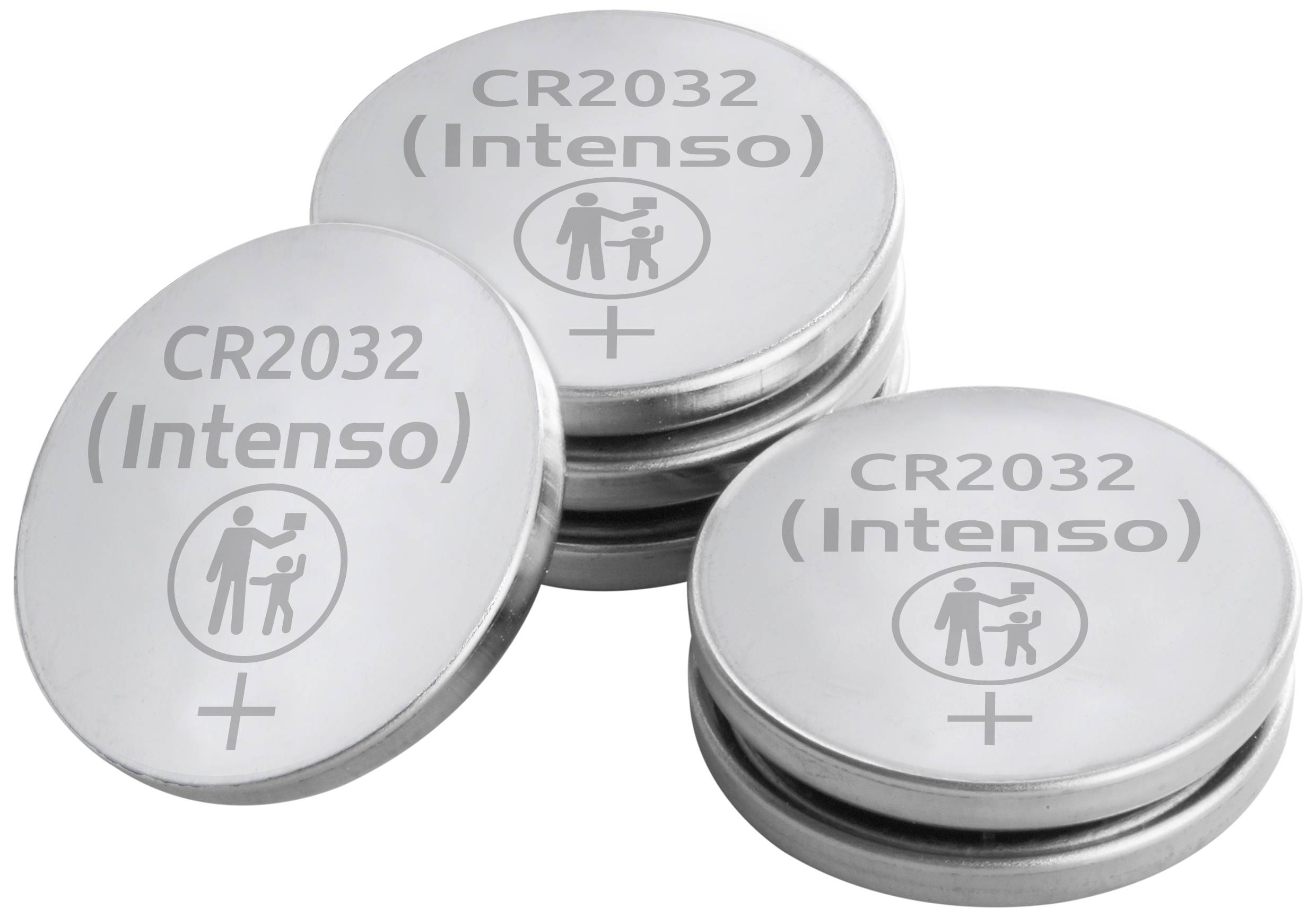 Runde Silberbatterien mit Aufschrift 'CR2032 (Intenso)' und Sicherheitssymbol für Kinder.