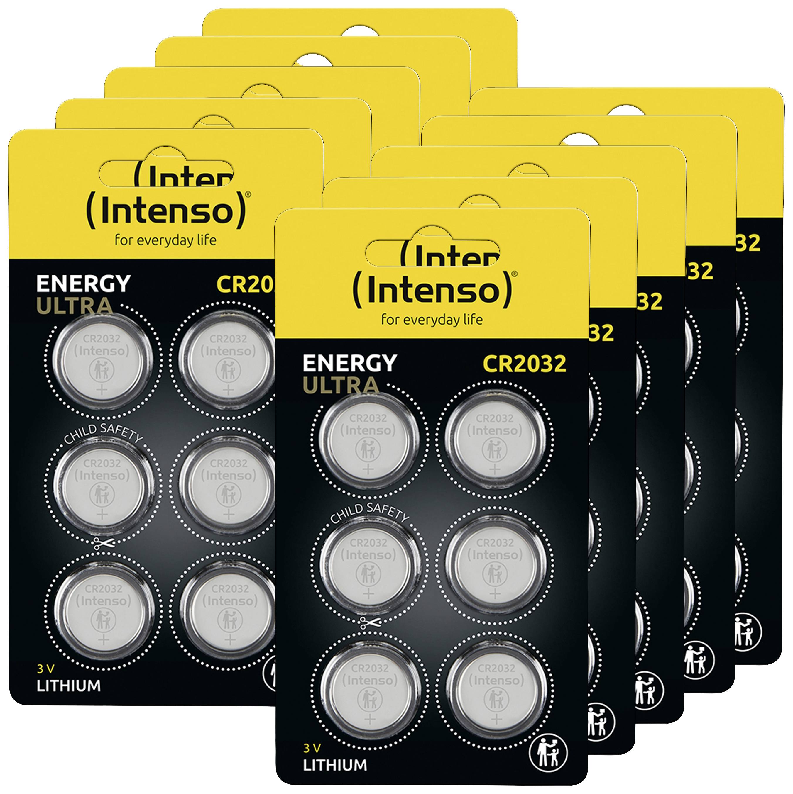 Acht Blisterpackungen mit je zwei Knopfzellen-Batterien vom Typ CR2032, Marke 'Intenso', beschriftet mit 'Energy Ultra'.