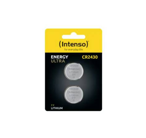 'Zwei Intenso CR2430 Lithium-Knopfzellen auf schwarzem Hintergrund, verpackt auf gelbem Karton mit Aufschrift 