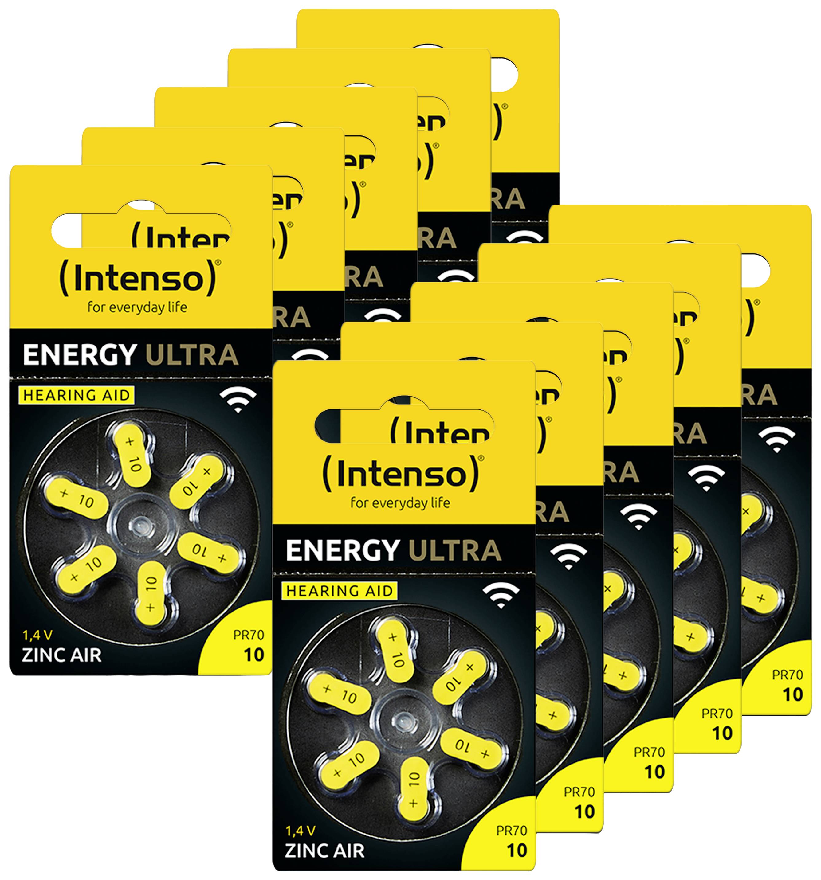 Ingwerfarbene Packungen mit Hörgerätebatterien der Marke Intenso, Modell 'Energy Ultra', 1,4V, Typ PR70, 10 Stück pro Packung.
