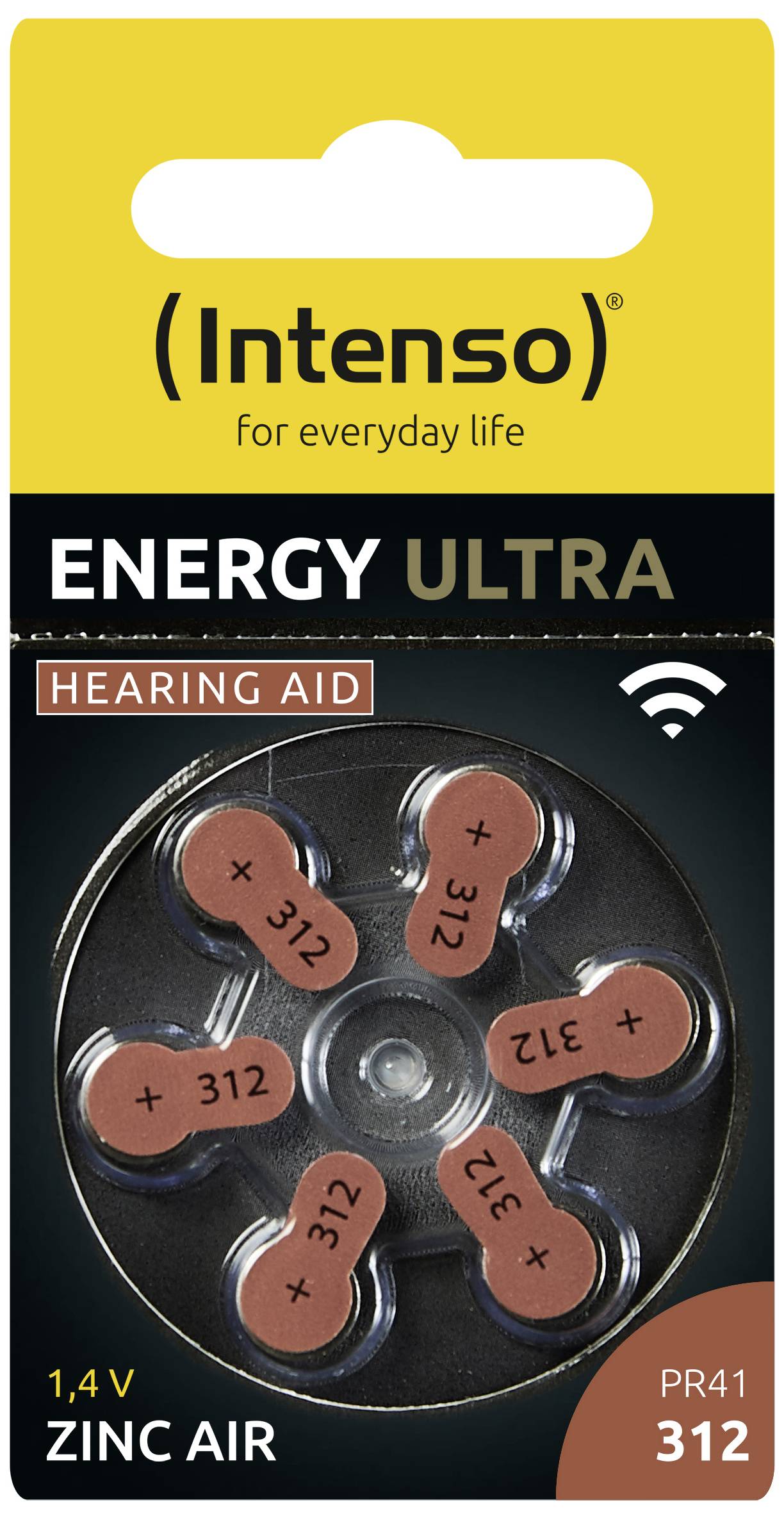 'Intenso Energy Ultra' Hörgerätebatterien (Zink-Luft) PR41 312, 1,4V. Verpackung zeigt sechs Batterien in Raddesign.