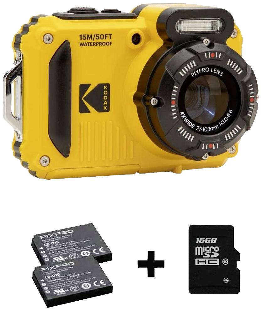 Kodak Pixpro WPZ2 + 2 Akku + microSD Bundle Digitalkamera 15 Megapixel Opt. Zoom: 4 x Gelb inkl. Ak