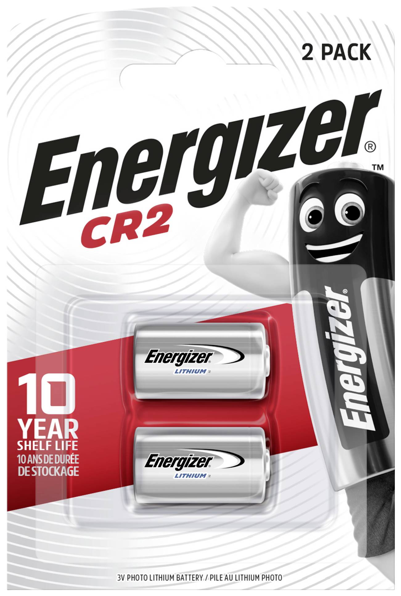 Zwei CR2-Lithiumbatterien der Marke Energizer in einer Verpackung. Die Verpackung zeigt einen Cartoon-Charakter, der Stärke darstellt.