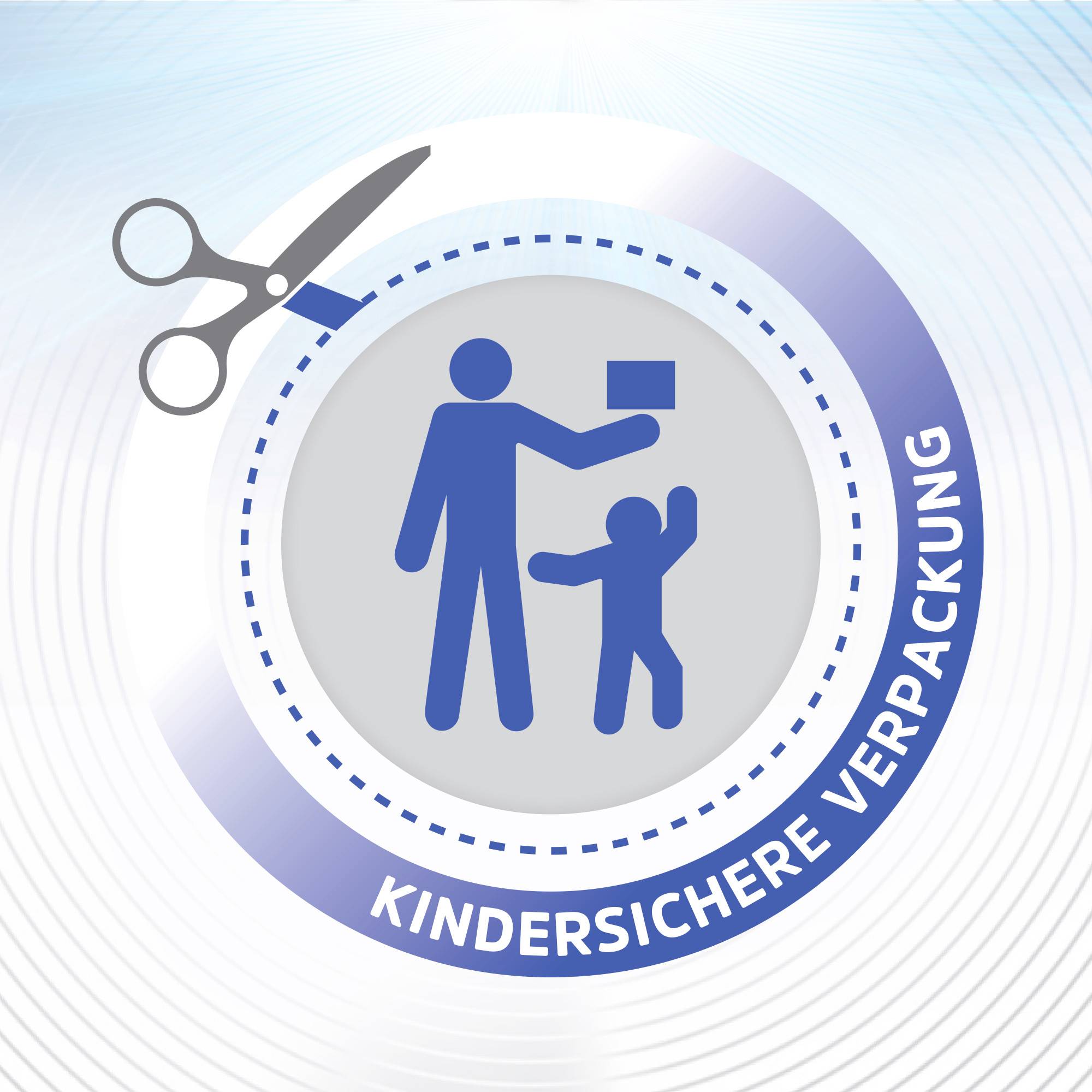 Symbol für kindersichere Verpackung: Ein Erwachsener reicht ein Objekt an ein Kind. Text: 'KINDERSICHERE VERPACKUNG'.