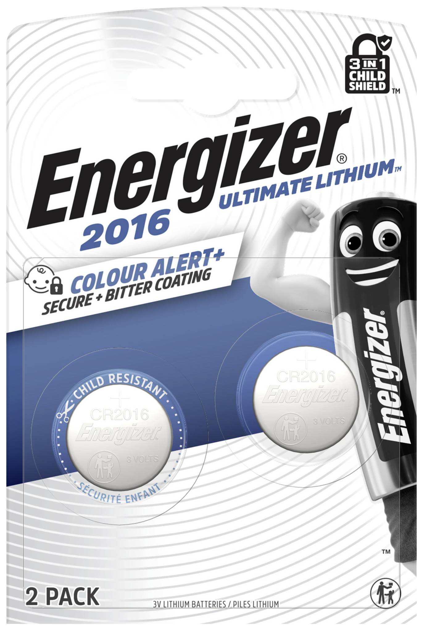 Produktverpackung für Energizer 2016 Ultimate Lithium-Batterien, 2er-Pack, mit Sicherheits- und Geschmacksbeschichtung.