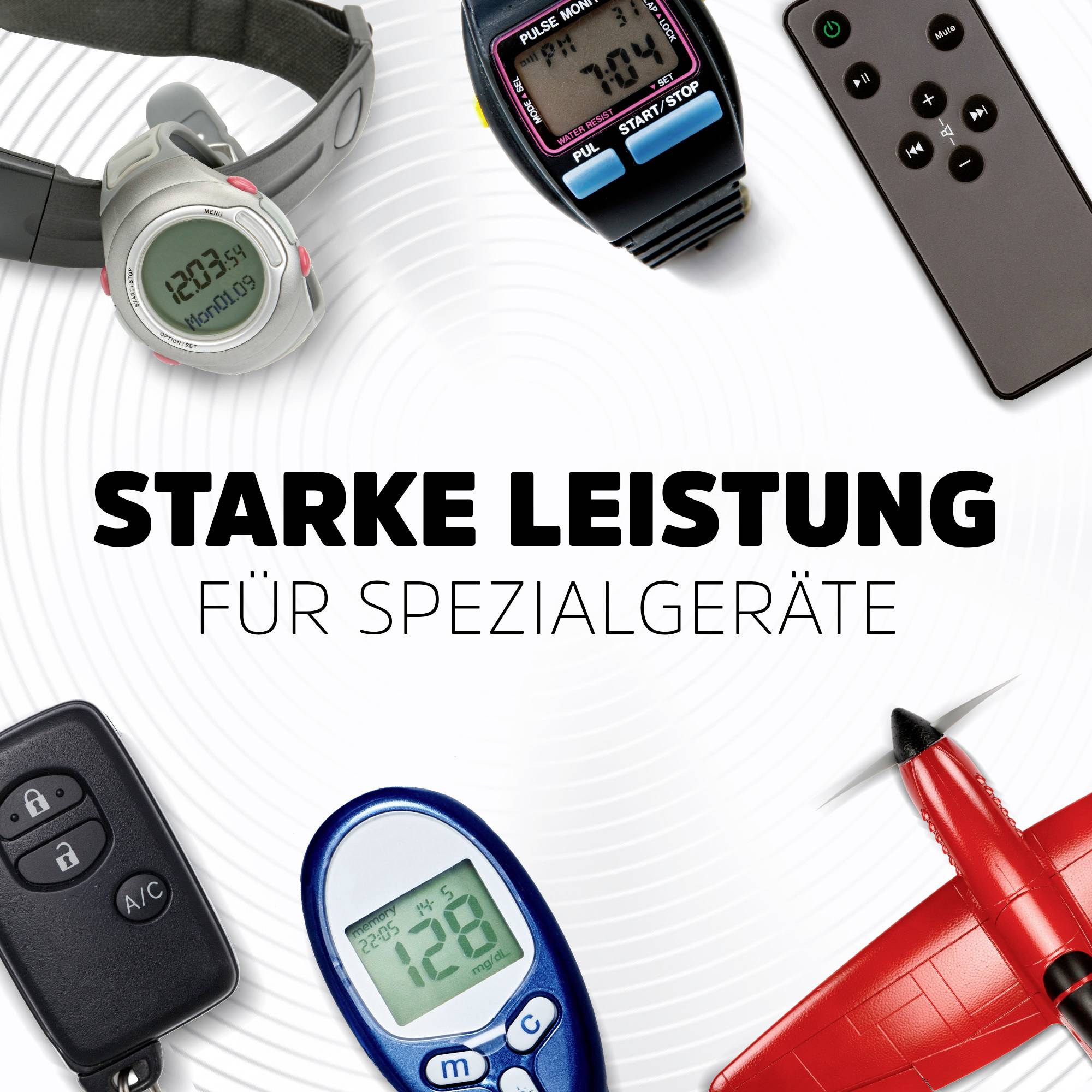 Mehrere elektronische Spezialgeräte, darunter Uhren, Fernbedienungen und ein Flugzeugmodell. Text: 'Starke Leistung für Spezialgeräte'.