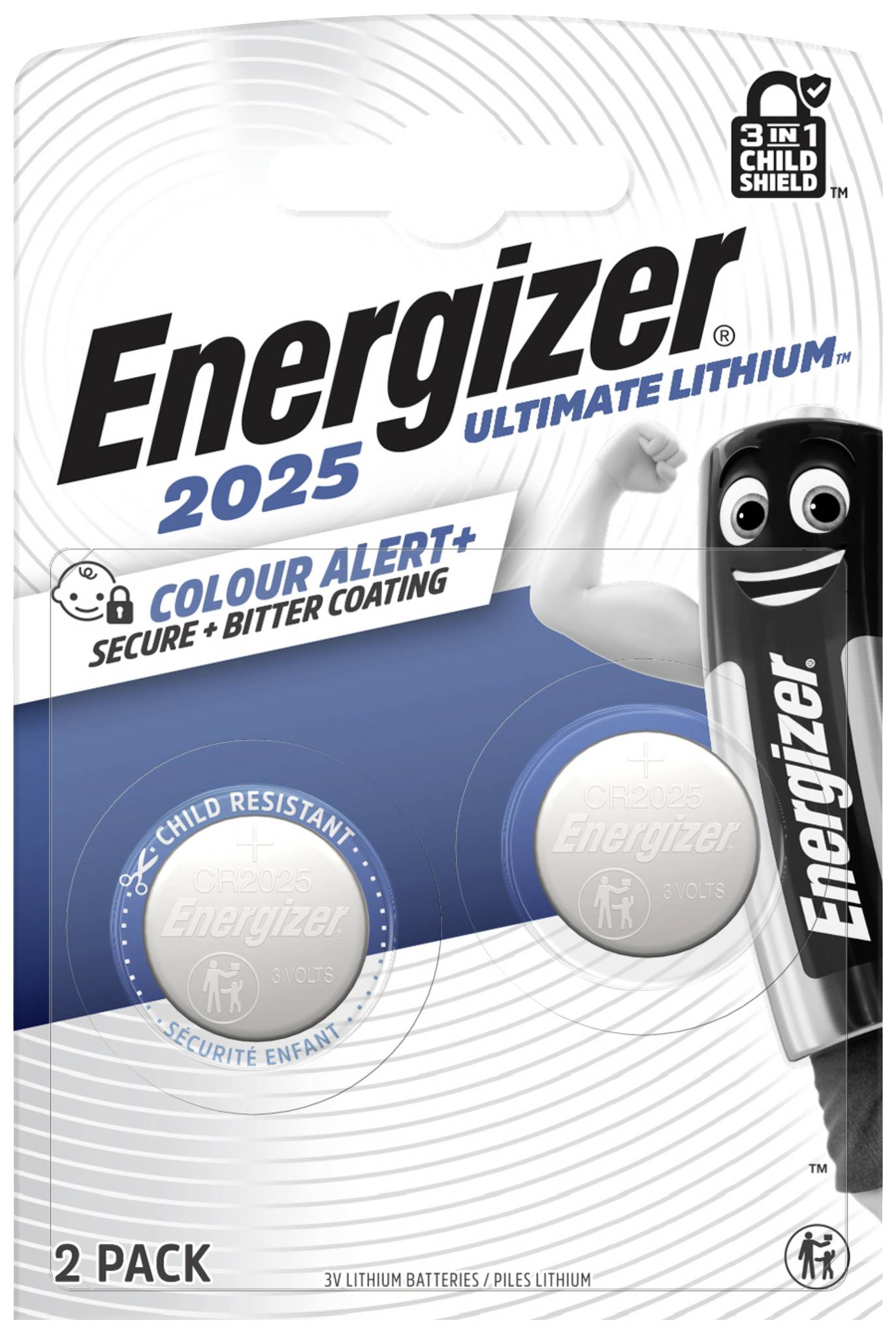 Zwei Energizer 2025 Ultimate Lithium-Batterien. Verpackung mit Kindersicherung und bitterem Überzug als Sicherheitsmerkmal. 3V.