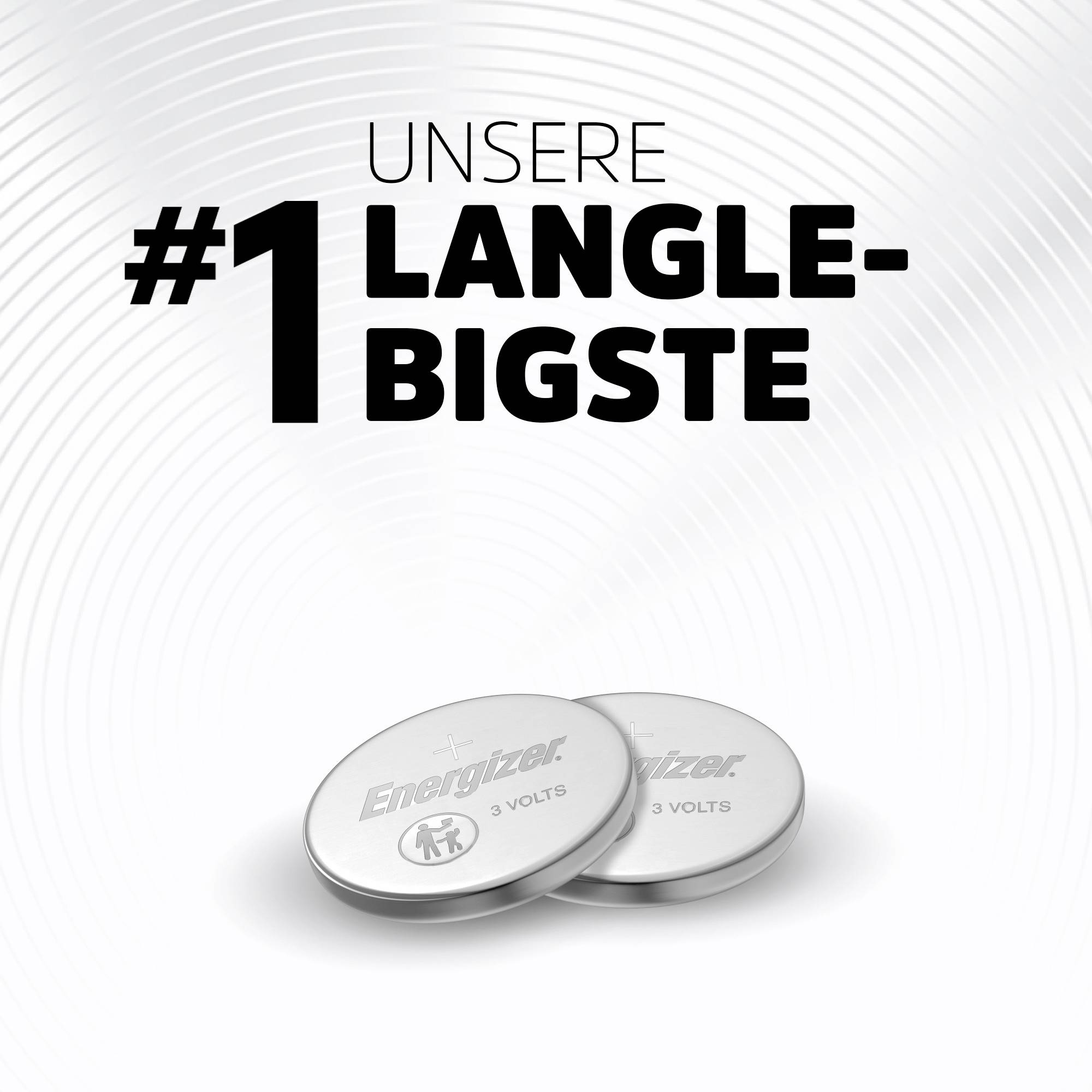 Zwei Batterien mit der Aufschrift 'Energizer 3 Volts' vor einem Text, der 'Unsere #1 Langlebigste' lautet. Hintergrund ist schlicht.