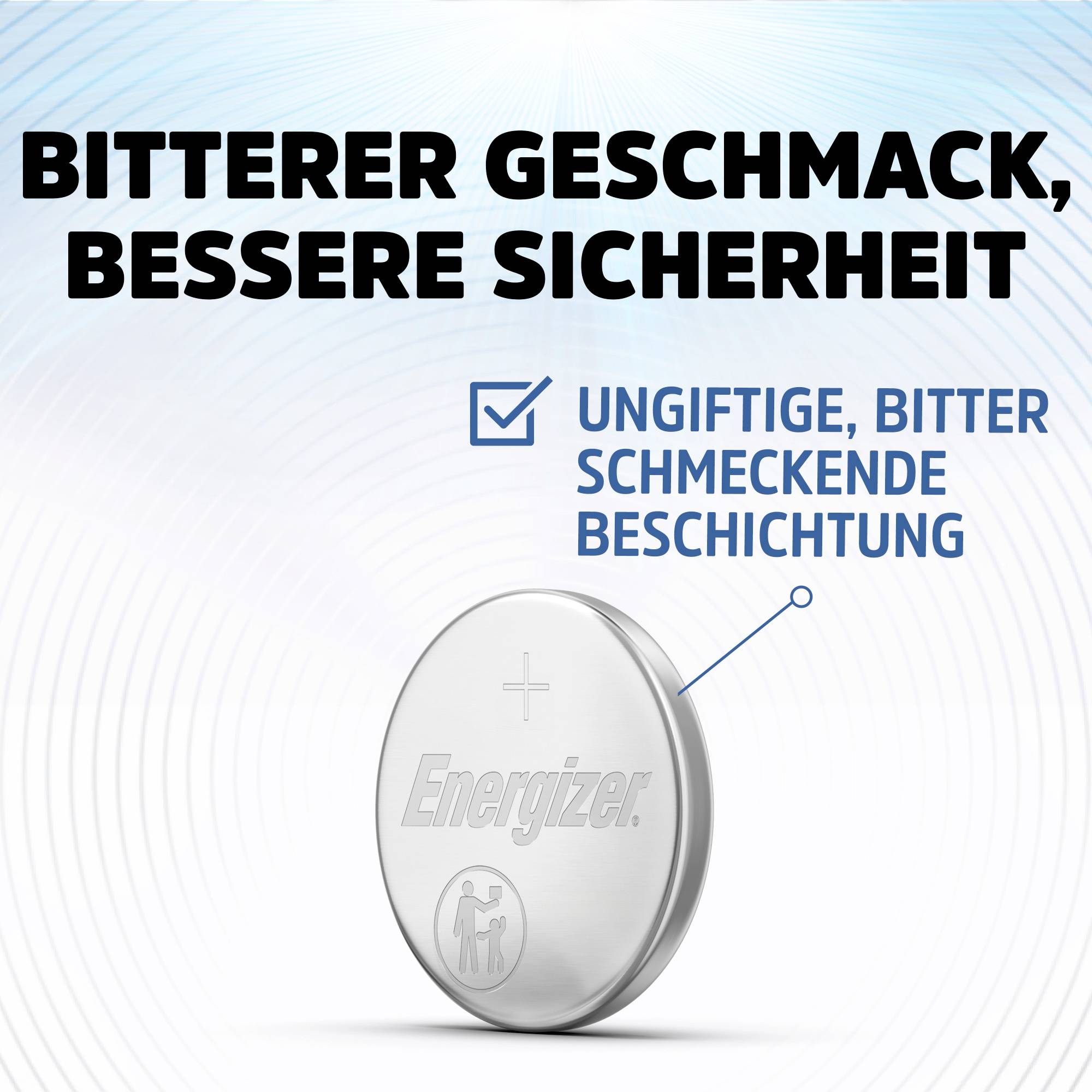 'Bitterer Geschmack, bessere Sicherheit' steht oben. Darunter ist eine Knopfzelle mit 'Energizer'-Logo abgebildet. Text daneben: 'Ungiftige, bitter schmeckende Beschichtung'.