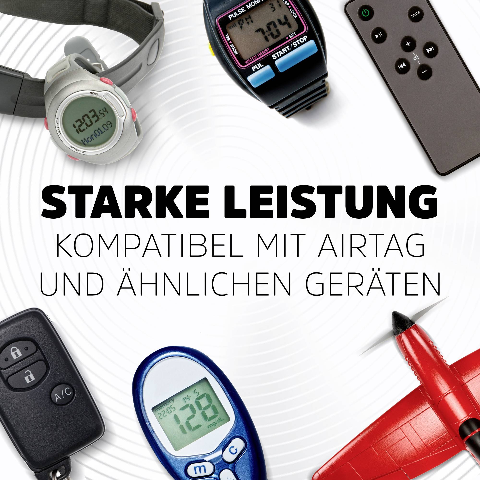 Eine Auswahl an elektronischen Geräten umgibt den Text 'Starke Leistung, kompatibel mit Geräten', auf einem weißen Hintergrund.