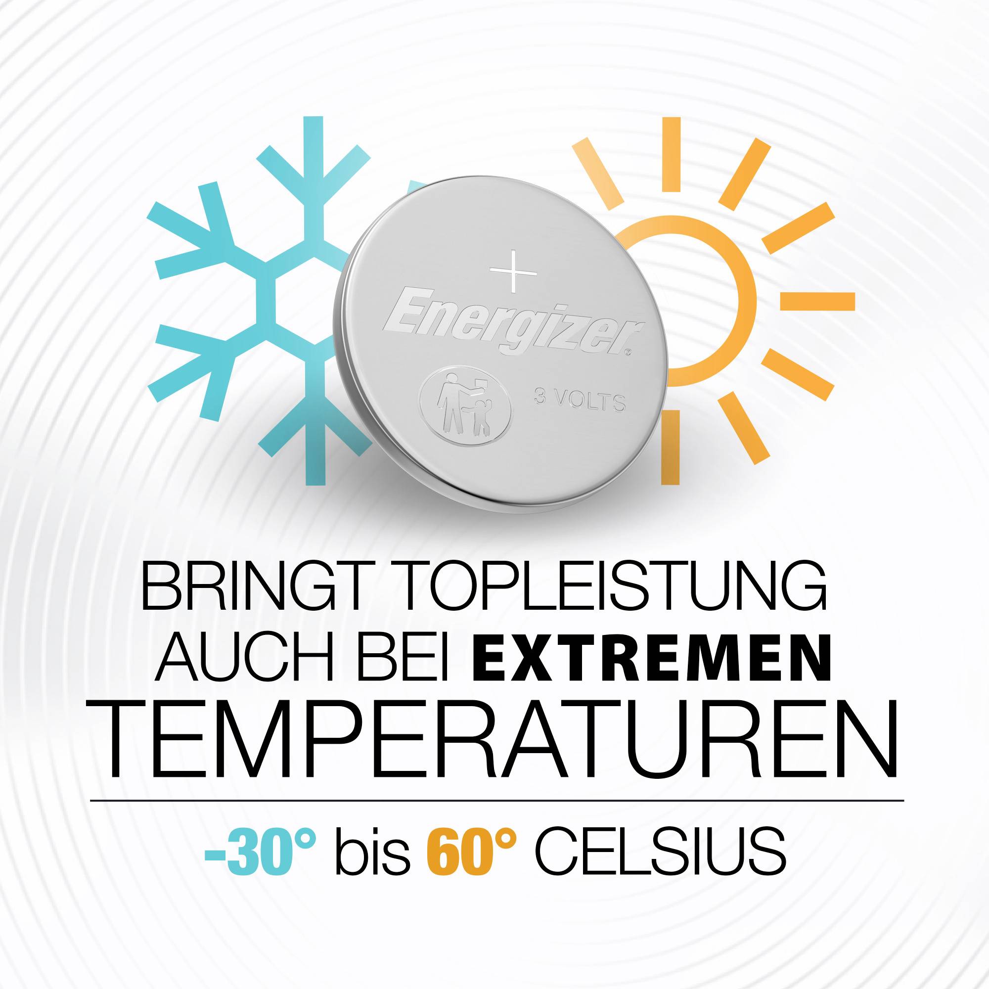 Batterie von der Marke Energizer, 3 Volt. Hervorragende Leistung bei Temperaturen von -30° bis 60° Celsius, dargestellt durch Symbole für Kälte und Wärme.