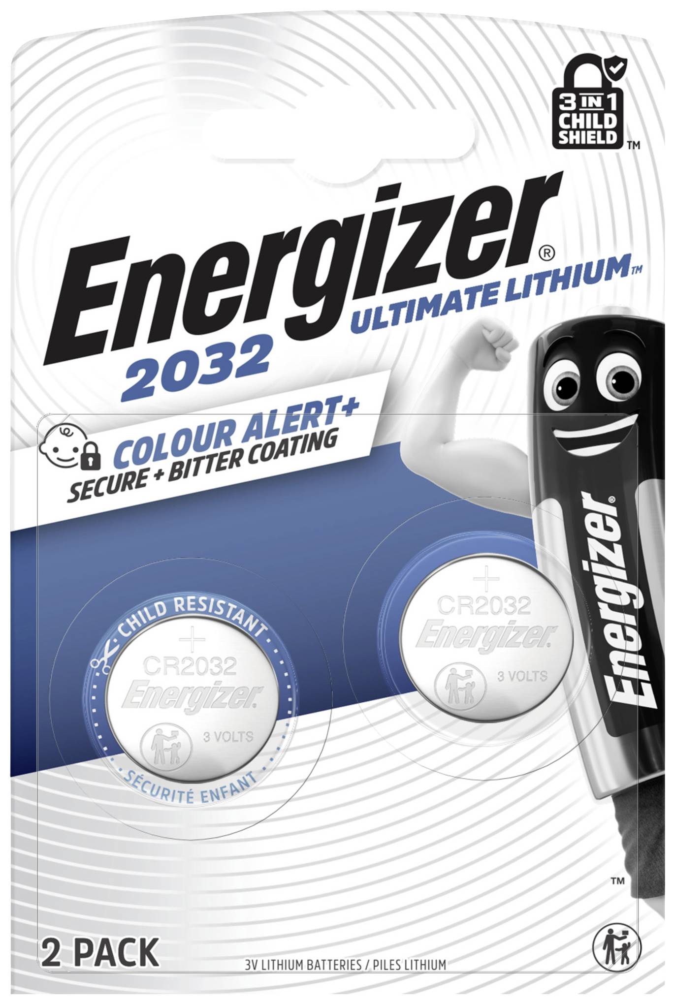 Packung mit zwei Energizer Ultimate Lithium CR2032 Batterien, 3 Volt. Enthält kinderresistente, bittere Beschichtung.