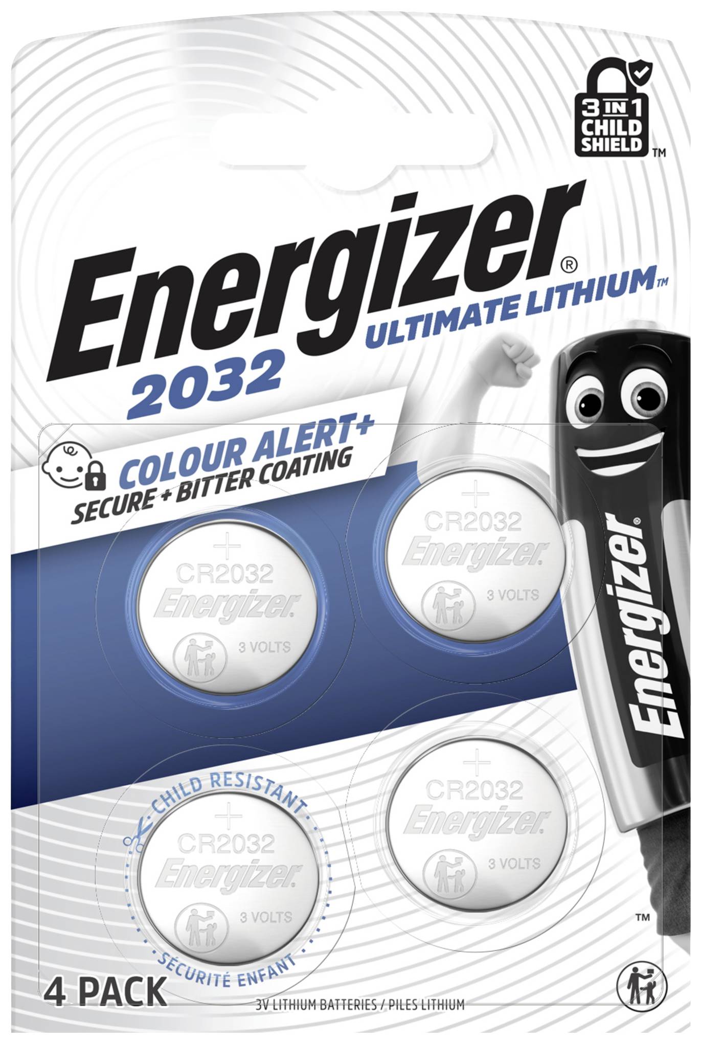 Verpackung mit vier CR2032-Lithiumbatterien von Energizer. Enthält Sicherheitsmerkmale gegen Kindersicherung und farbliche Warnhinweise.