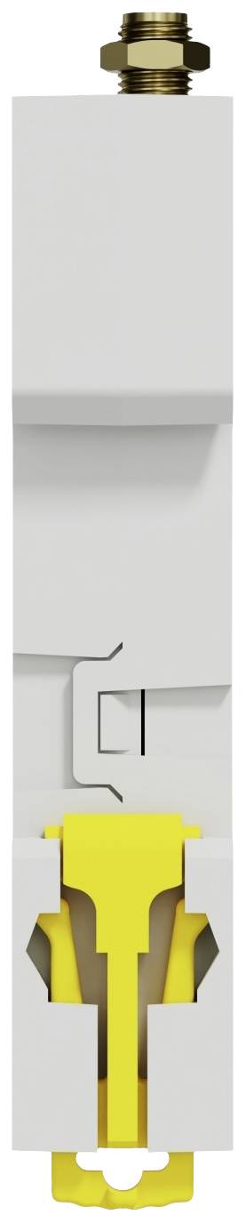 Ein weißes elektrisches Schaltelement mit gelben Komponenten in der unteren Hälfte und einem Messinggewinde oben, vertikal ausgerichtet.