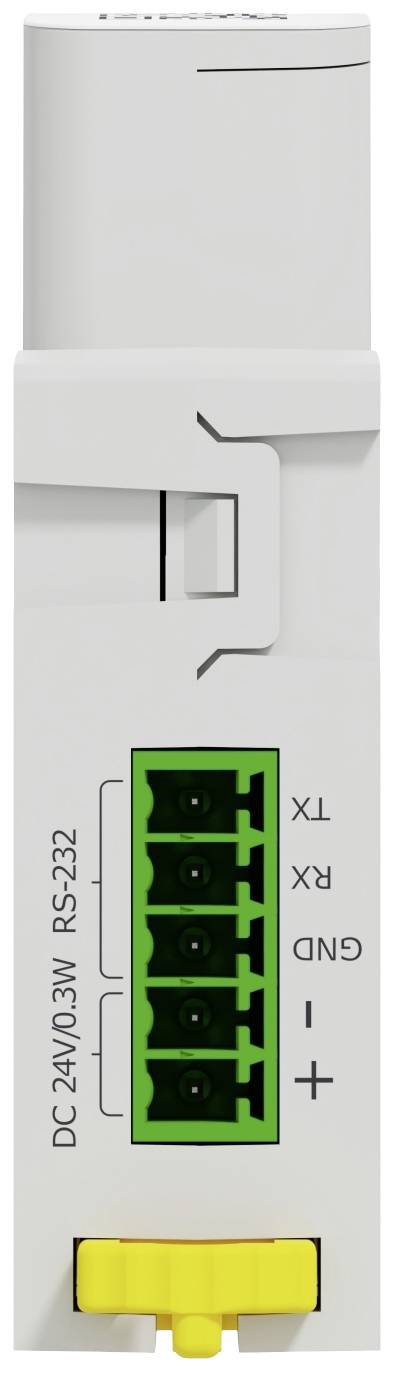 Ein weißes elektrisches Gerät mit grünen Anschlussklemmen, beschriftet mit 'TX', 'RX', 'GND', '+' und '-'. Oben Aufschrift 'DC 24V/0.3W RS-232'.