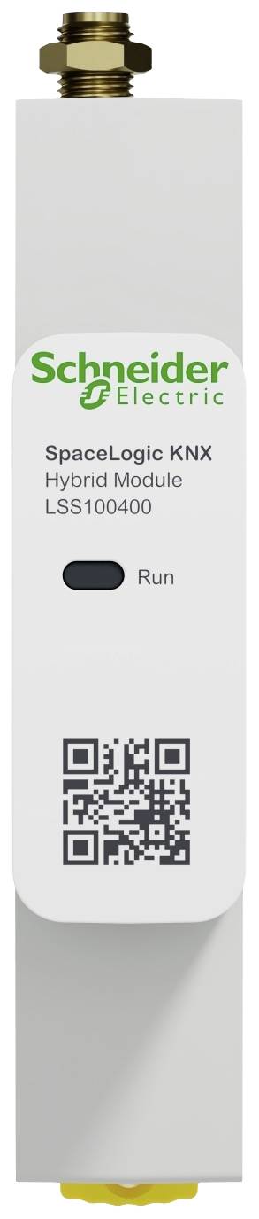 Ein Schneider Electric SpaceLogic KNX Hybridmodul mit QR-Code. Oben befinden sich zwei Anschlüsse, unten ein gelber Anschluss.