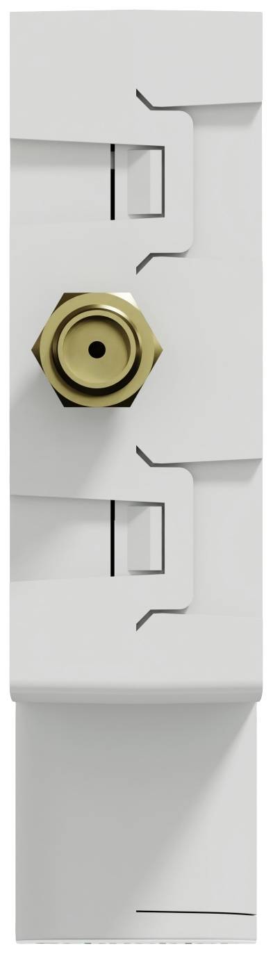 Ein weißes Bauelement mit einem sechseckigen, goldfarbenen Anschluss in der Mitte, umgeben von mechanischen Teilen.