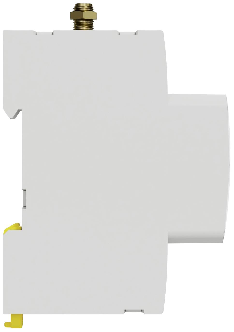 Einseitige Draufsicht auf ein weißes elektrisches Gerät, montiert auf einem Schienenhalter, mit einer goldfarbenen Schraube oben.