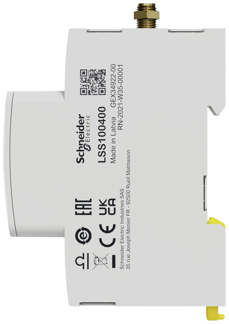 Ein weißer elektrischer Schalter von Schneider Electric. Modellnummer LS100400. Auf der Vorderseite befinden sich technische Details und Zertifizierungslogos.